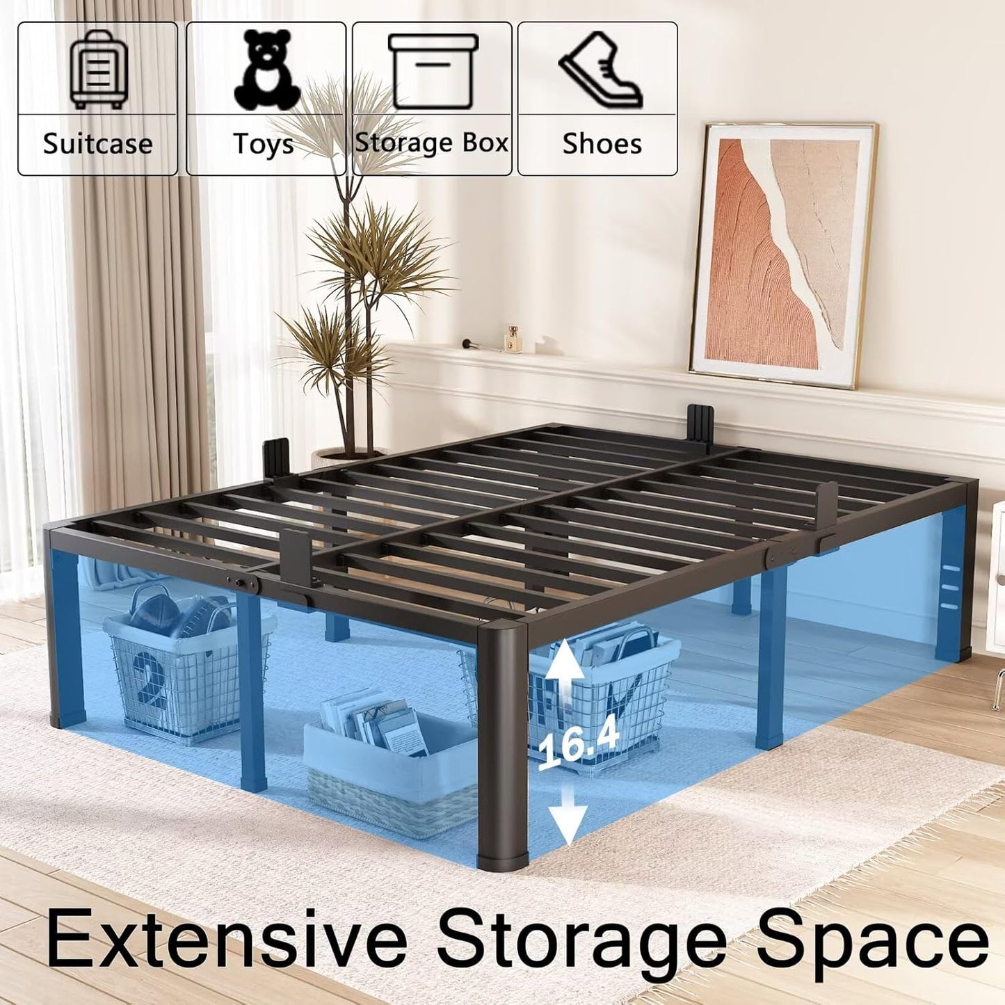 FUIOBYVV 18 Inch King Bed Frame with Rounded Corner and Headboard Hole Mattress Retainers 3500 LBS Metal Heavy Duty Steel Slats Support No Box Spring Needed Platform Noise Free Easy Assembly