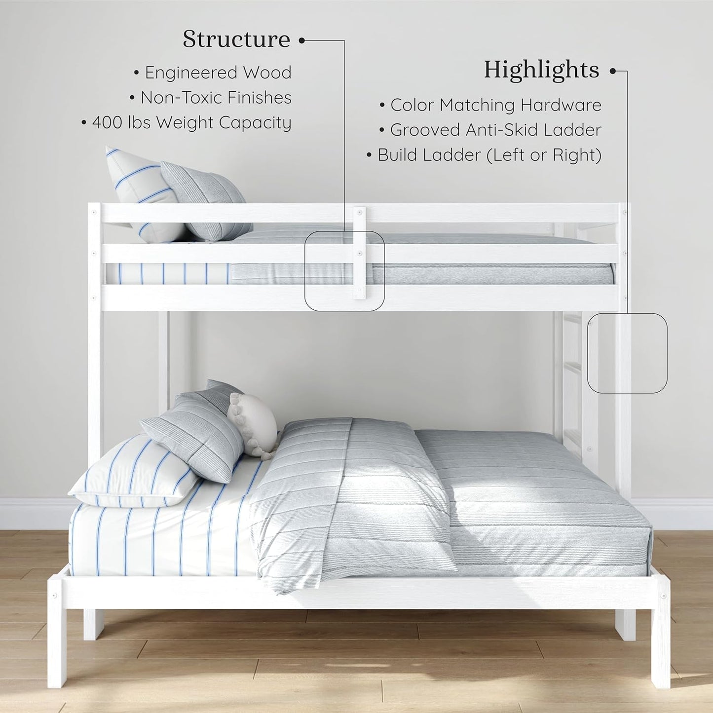 Grain & Grove Bear Twin Over Full Bunk Bed, Sturdy Bunk Bed Frame for Kids, Plywood Bunk with Ladder, Guardrail, and Slats, No Box Spring Required, Brushed White