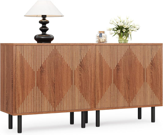 LITTLE TREE 59 Inches Long Sideboard Buffet Cabinet, Vintage Storage Cabinet with 4 Doors, Large Coffee Bar Cabinets for Kitchen, Cupboard Console Cabinets, Old Rose Color