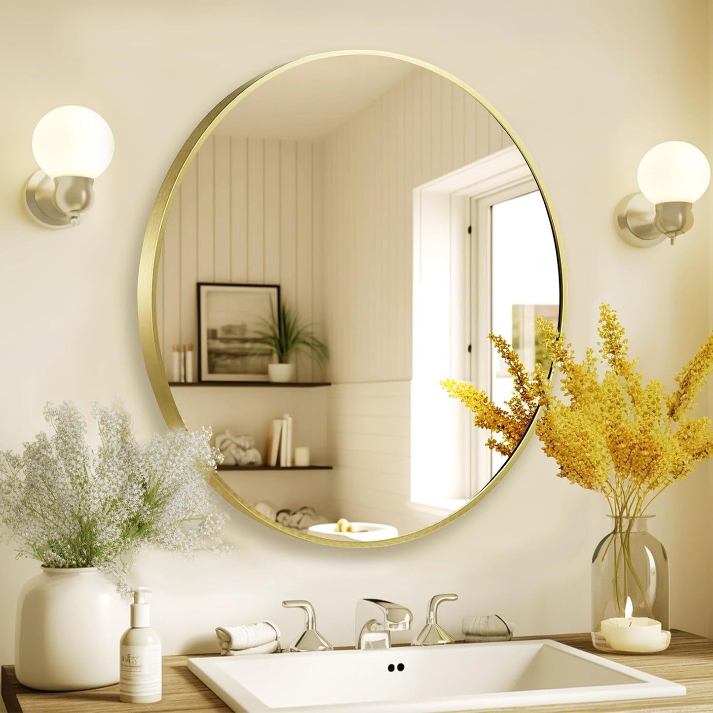 28 inch Gold Frame Mirror for Wall, Brushed Matte Gold Metal Round Mirror for Bathroom Vanity, Bedroom Decor, Living Room, Entryway