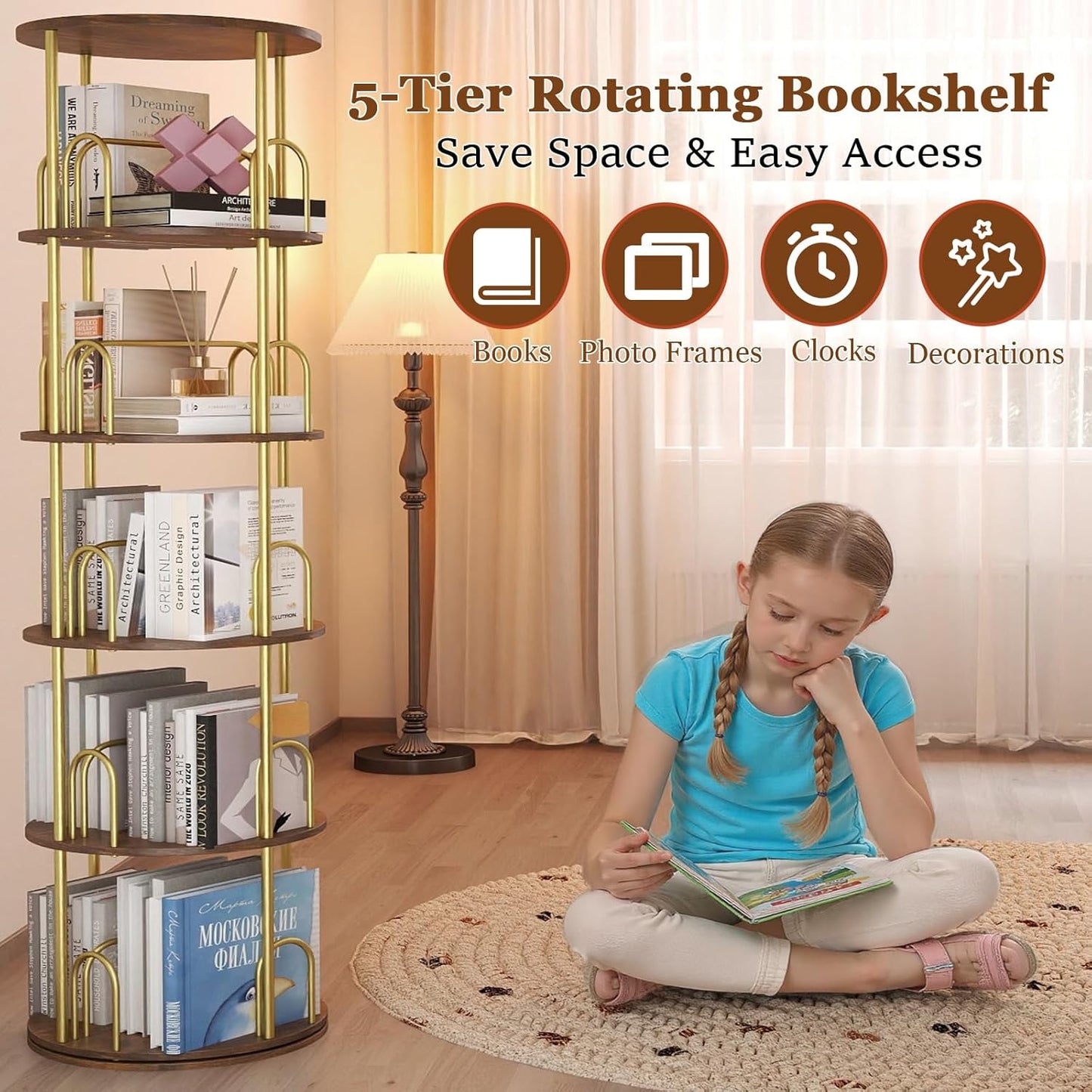 5-Tier Rotating Bookshelf, 360° Round Spinning Book Shelf Tower, Tall Skinny Wood & Metal Bookshelf for Corner/Office/Home, Modern Industrial Vintage Style