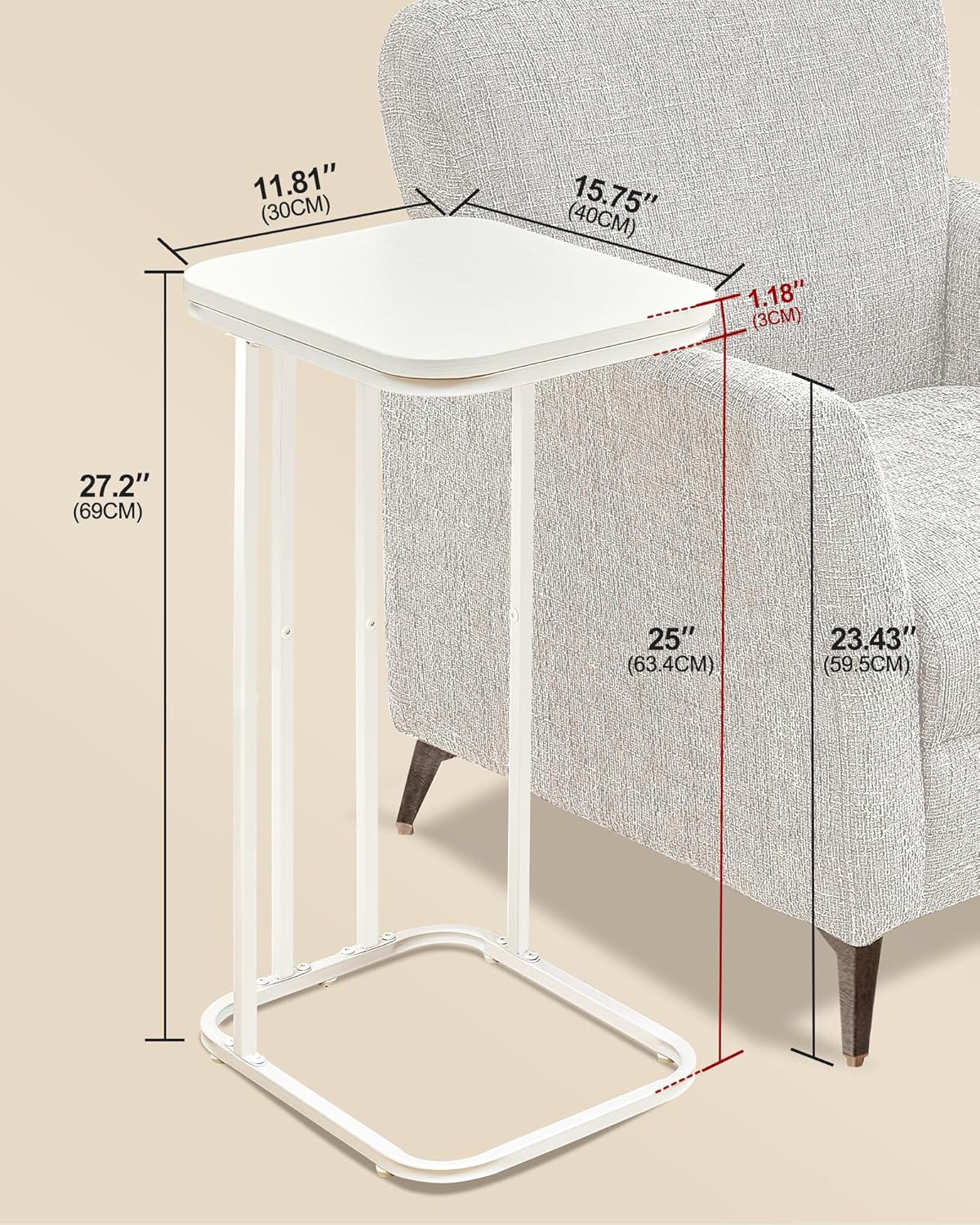 C Shaped End Table Set of 2, Small Side Table for Sofa and Bed, Couch Tables That Slide Under, Tall Tv Tray Table for Living Room, Bedroom, Snow White