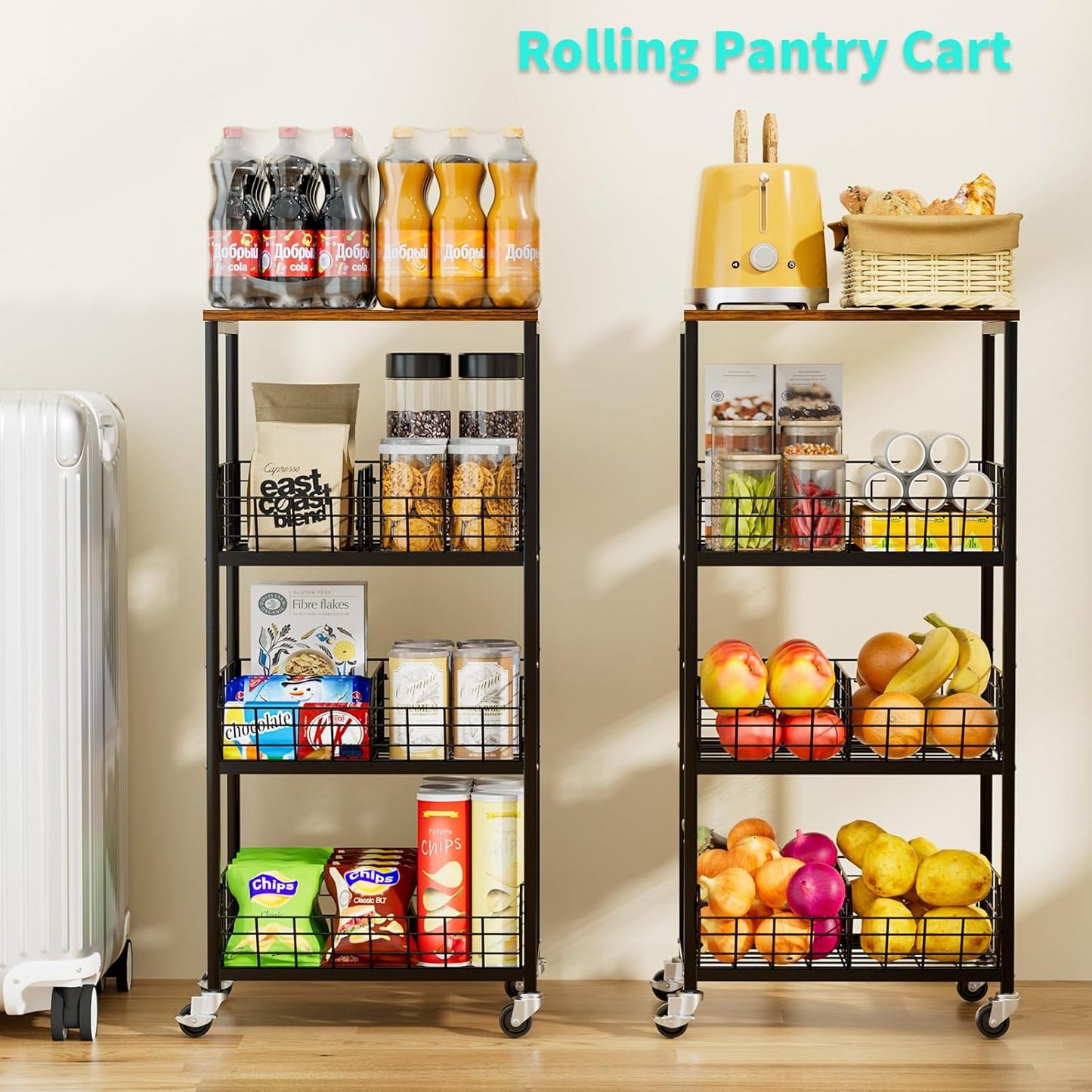 HapiRm Kitchen Fruit Vegetable Cart - 4 Tier Rolling Storage Rack with Wheels and Dividers, Coffee Station Cart Rack Shelf Organizer for Onion, Potato, Snack, Fruit, Vegetable Storage Stand, Black