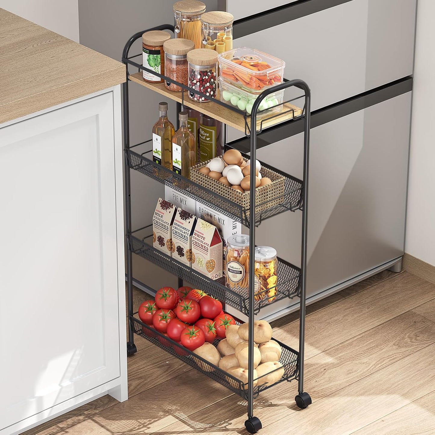 KINGRACK Metal Slim Rolling Cart,4-Tier Metal Utility Cart,Storage Cart with Wooden Tabletop, for Narrow Space on Laundry Bathroom Kitchen Room Bedroom Apartments Dormitory (Pure Black, Slim)