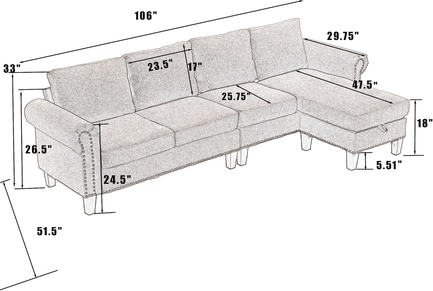 Ball & Cast 106" Convertible Sectional Sofa with Storage Chaise, Linen Upholstered 4 Seater Couch with Back Cushions and Removable Ottoman for Living Room, Apartment, Office,Gray