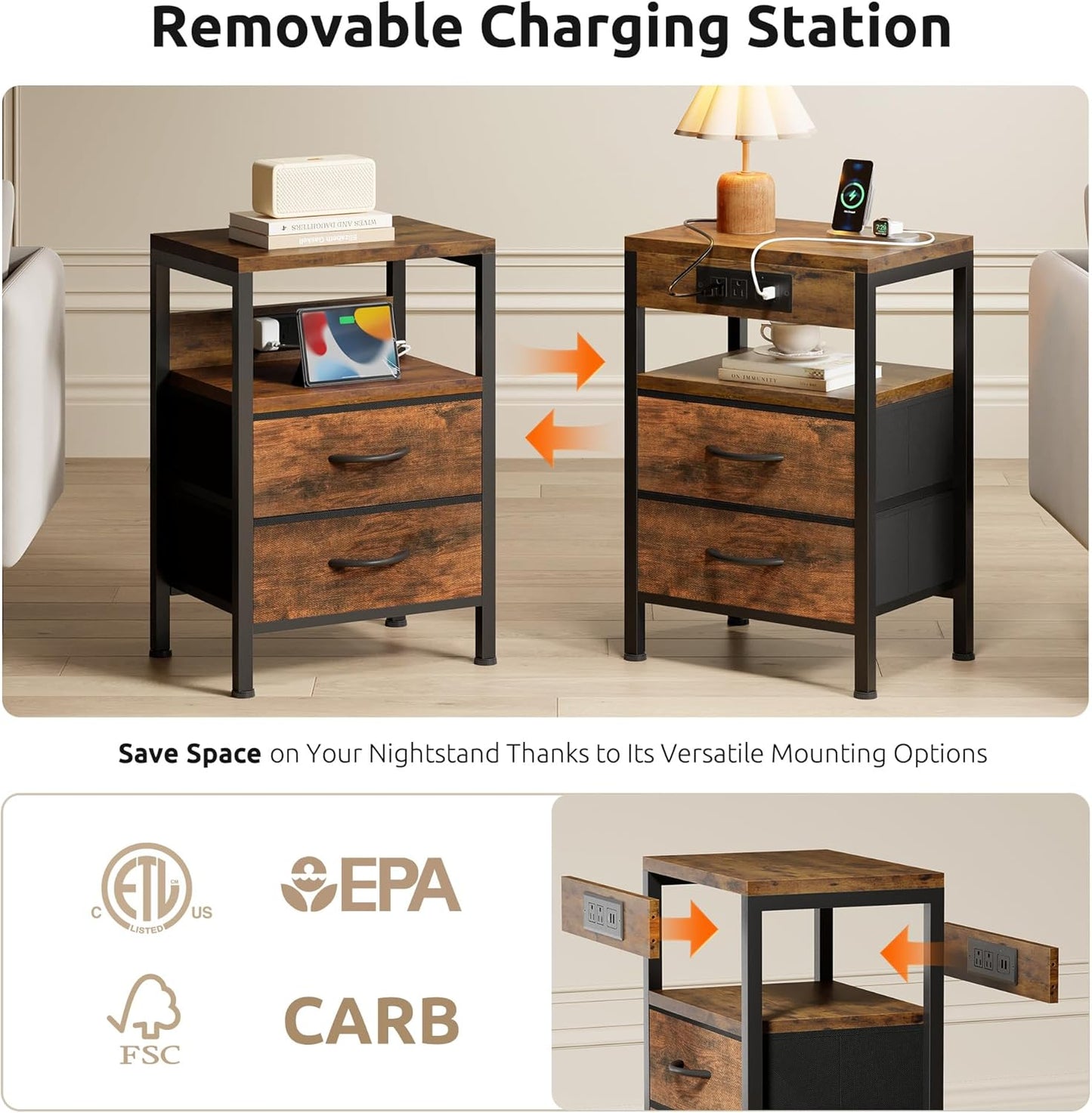 NightStand Bedside Charging Table Bedroom - Brown Night Stand with Charger Station, Modern Bed Side End Table with Open Shelf & 2 Fabric Drawers, USB-C USB Ports & AC Outlets for Dorm, Living Room