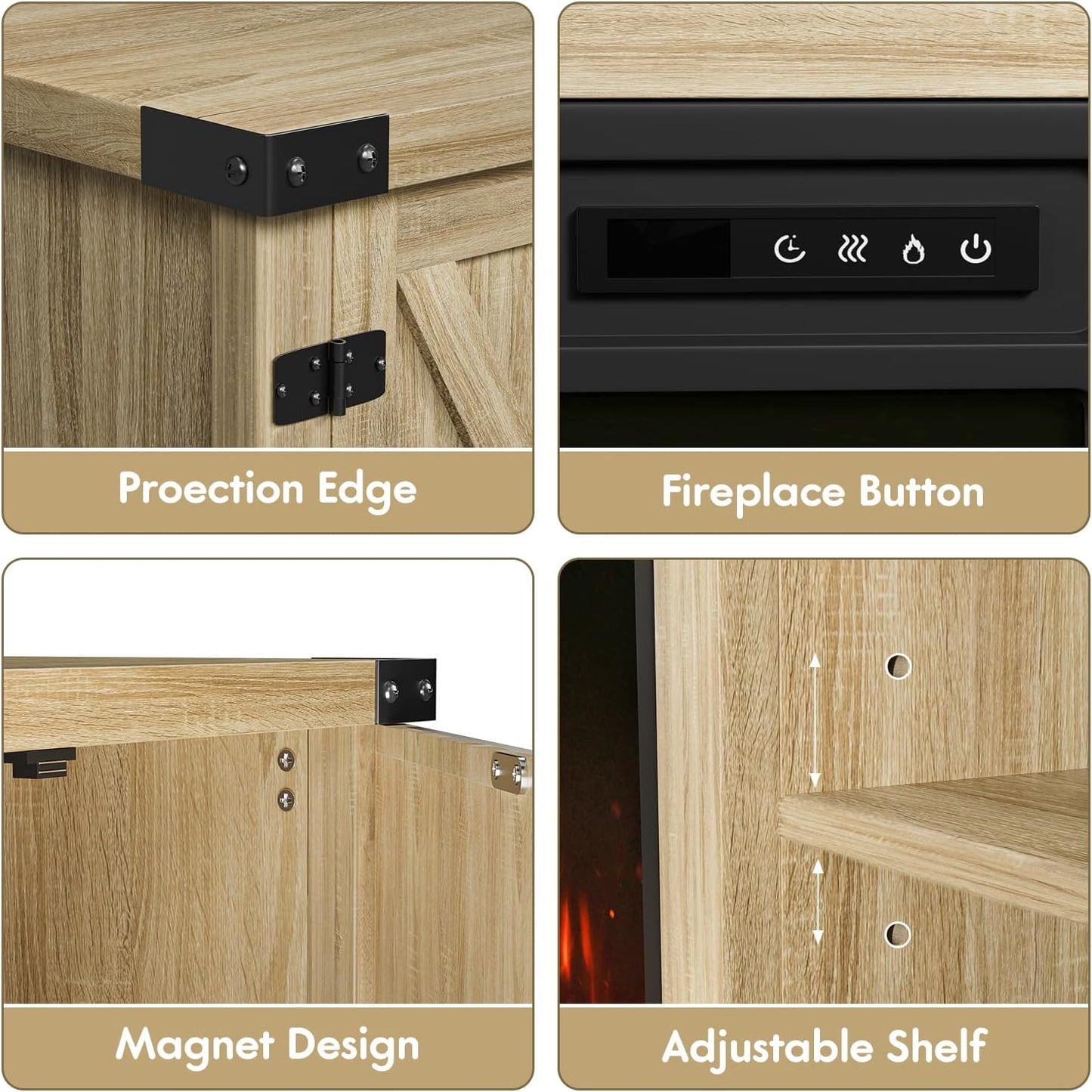 YESHOMY Fireplace TV Stand with Two Barn Doors and Storage Cabinets for Televisions up to 65+ Inch, Entertainment Center Console Table, Media Furniture for Living Room, 58 Inch, Natural Oak