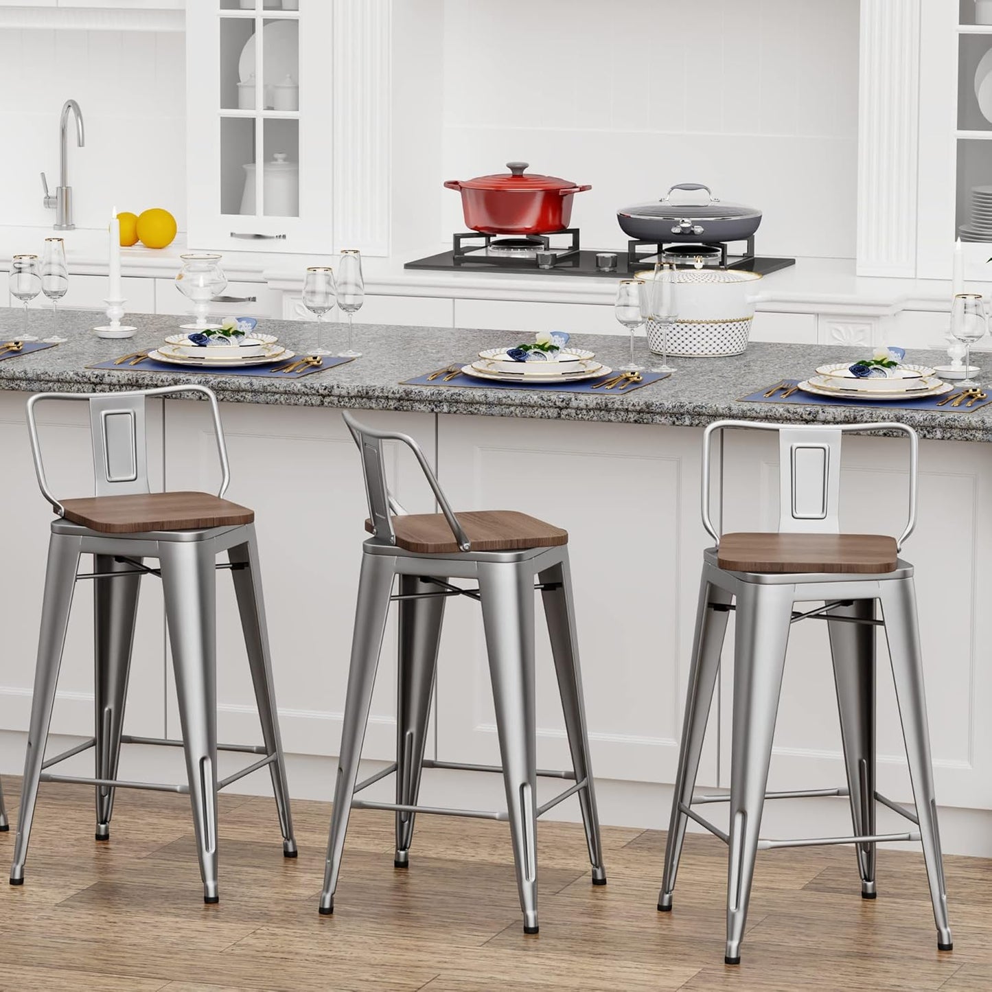 24 Inch Swivel Bar Stools Set of 4 with Backs Counter Height Industrial Metal Barstools Island Bar Chairs for Home Kitchen Dining Room (Swivel 24 inch, Silver Wooden)