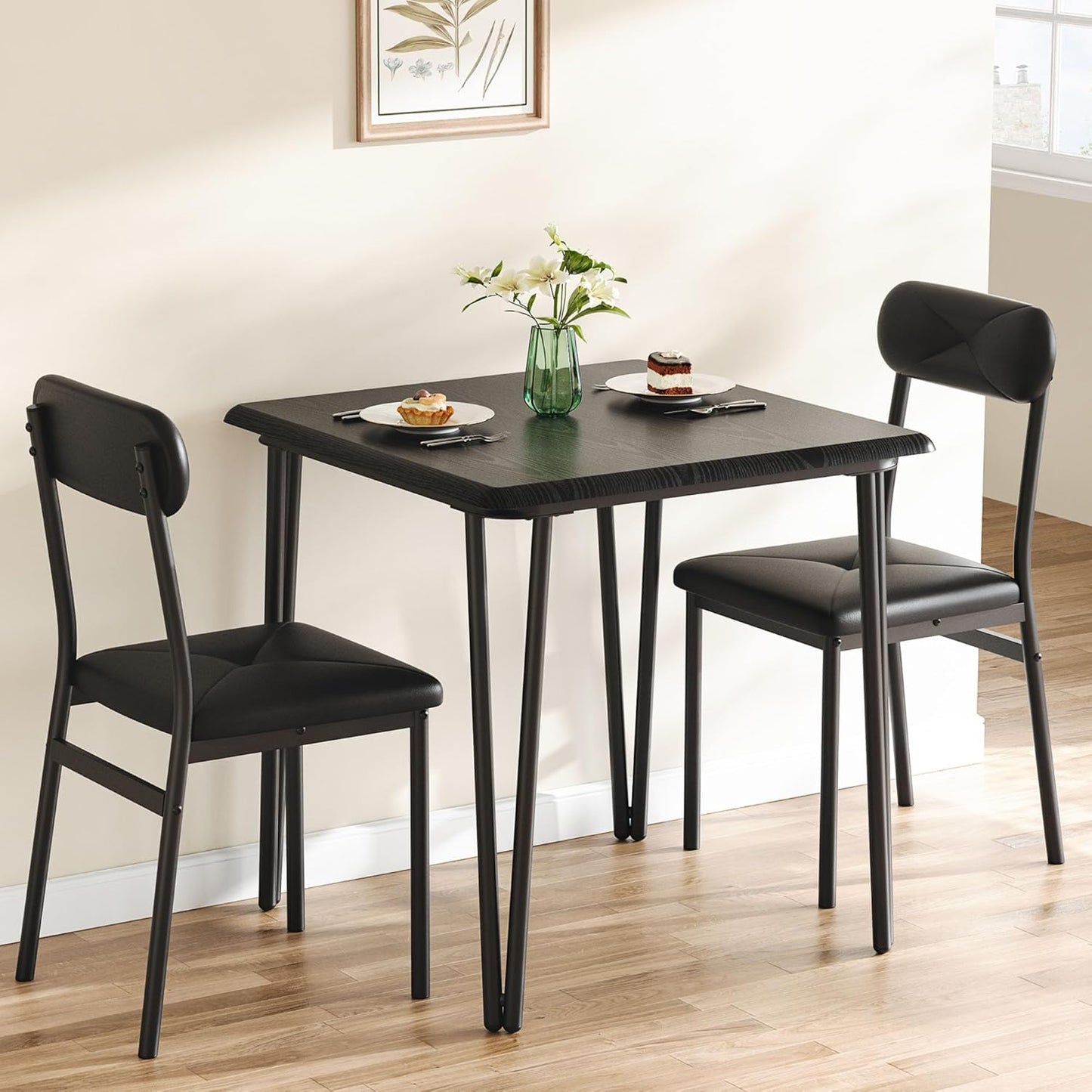 IDEALHOUSE Dining Table Set for 4, Kitchen Table with Upholstered Chairs for Kitchen Room and Small Spaces (Black, Table with 2 Upholstered Chairs)