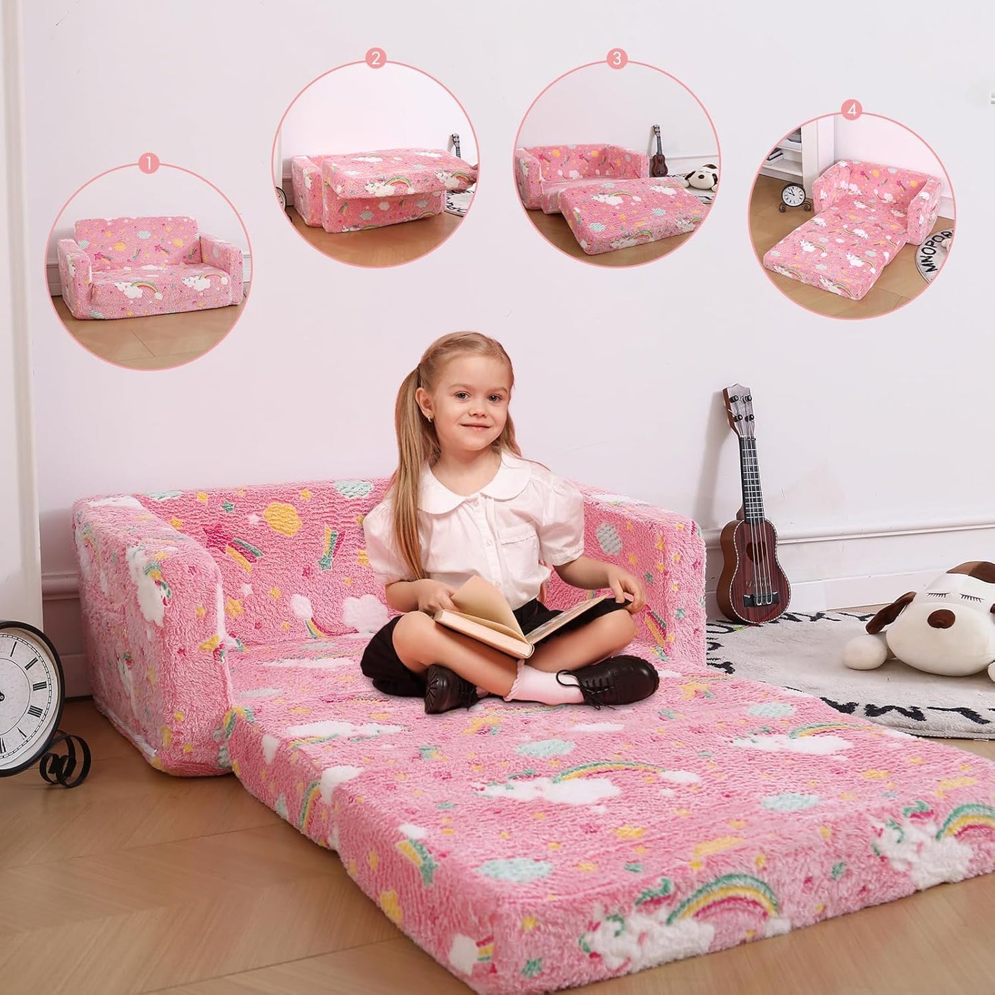 Foldable Kids Sofa Extra Wide for 2 Seats, Soft Kids Fold Out Couch Glow in The Dark,Convertible Sofa to Lounger Toddler Sofa Chair(Rainbow)