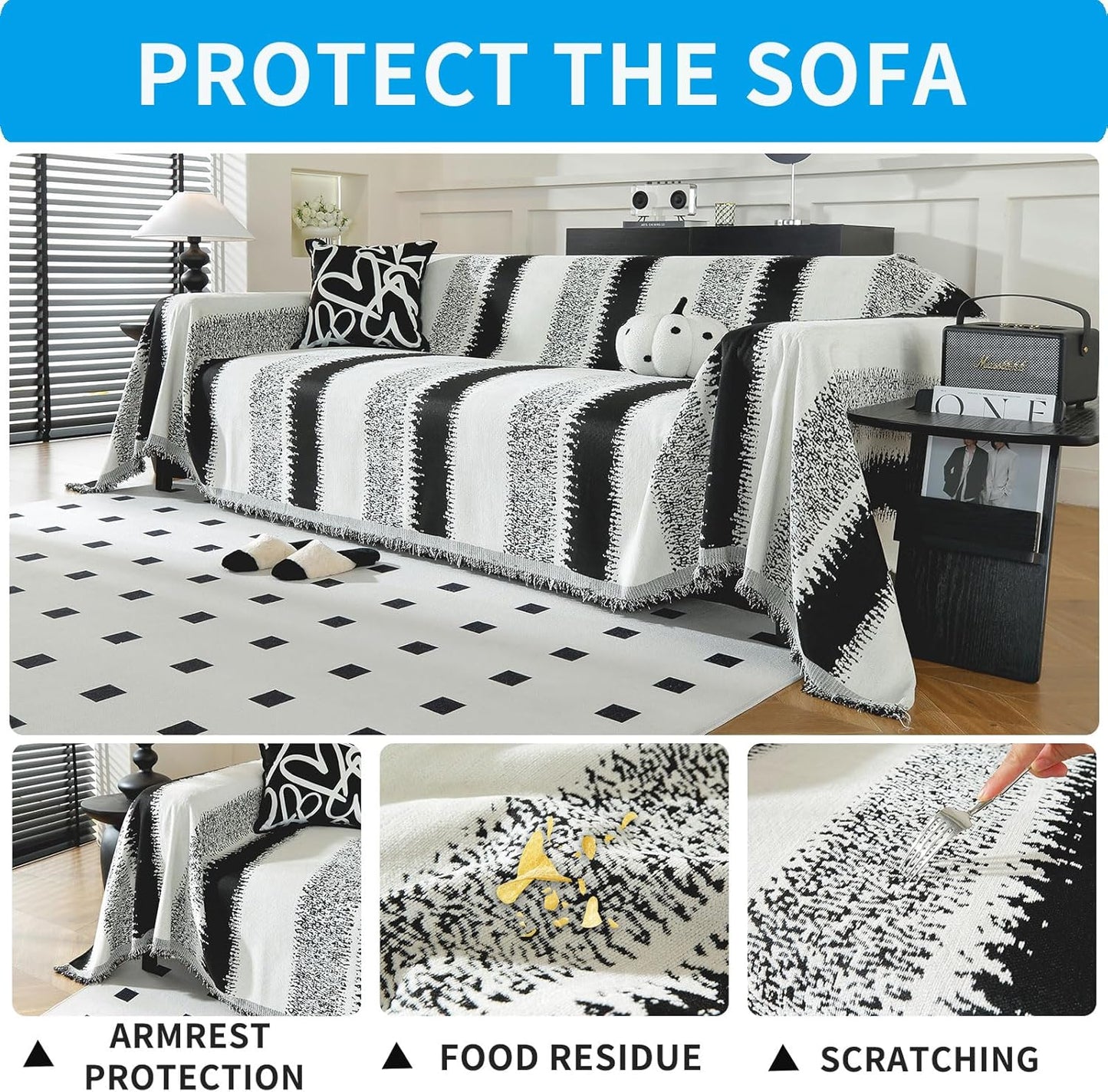 LUFEIJIASHI Boho Couch Covers for Sofa Non Slip Sofa Covers Washable Couch Covers for 3 Cushion Couch Sofa Pet Friendly Sectional Couch Cover Blanket Furniture Protector for Dogs (Black, 91"x118")