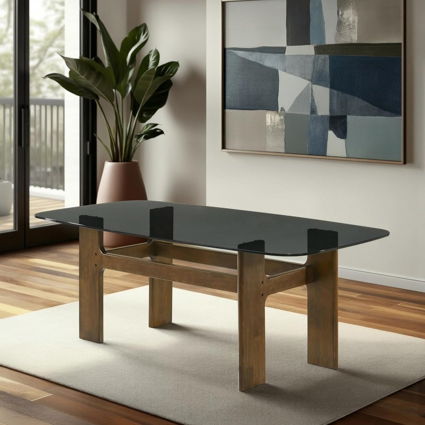 Armen living Ileena Mid-Century Modern 79 in. Rectangle Wood Dining Table in Walnut Finish with Tempered Glass Top