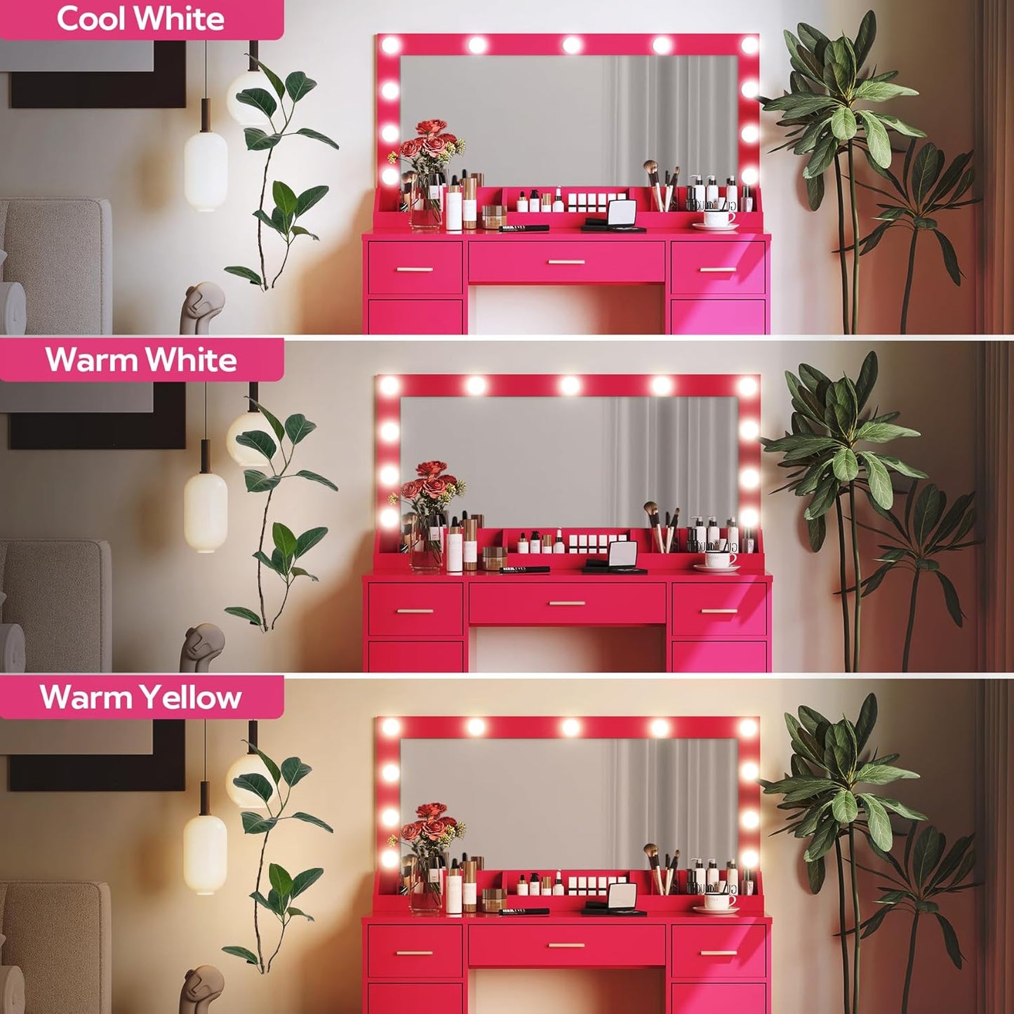 47.5” Vanity Desk with Large Mirror, 3 Colour Lighting Modes, Adjustable Brightness, Dresser with 3 Drawers & 2 Vertical Cabinets, Makeup Vanity Table for Women Girls