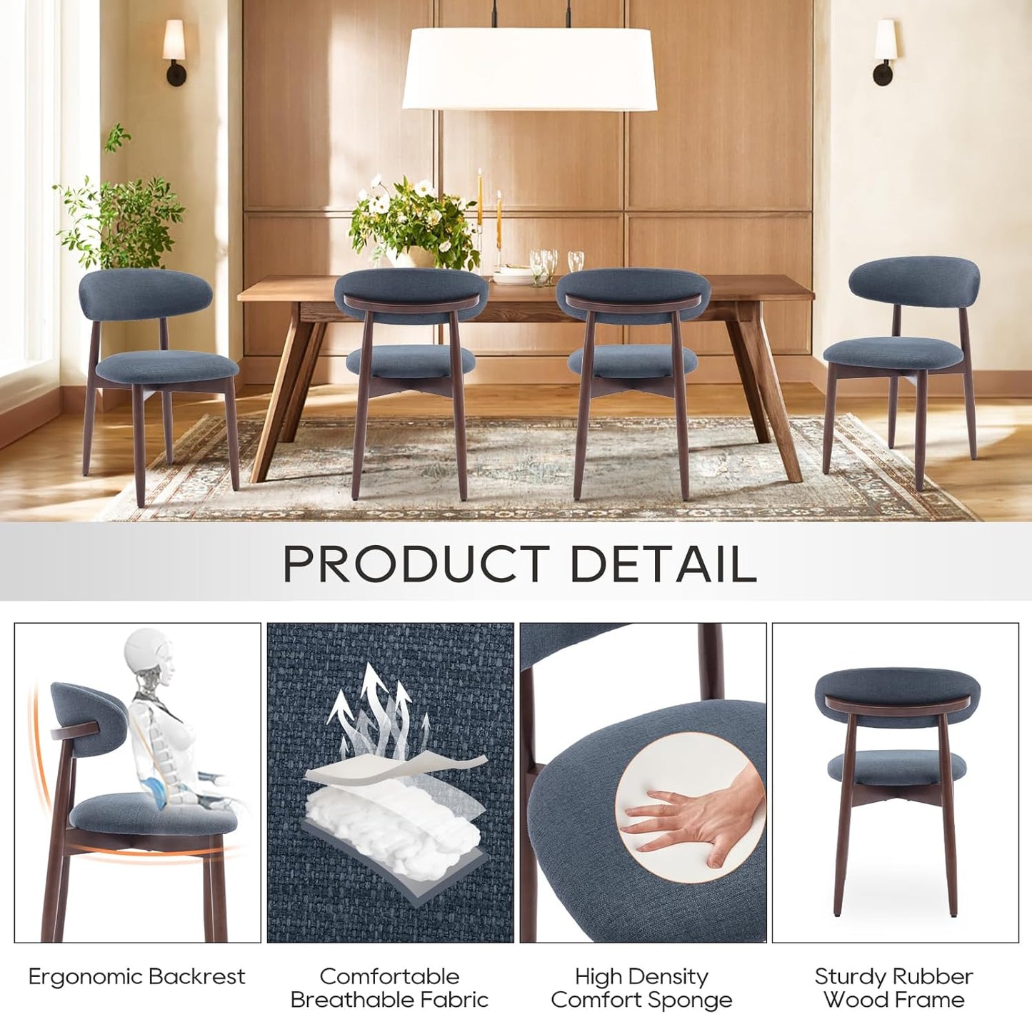 COLAMY Wooden Dining Chairs Set of 2, Modern Fabric Upholstered Dining Room Chair, Farmhouse Kitchen Side Chairs with Foot Pegs, Blue