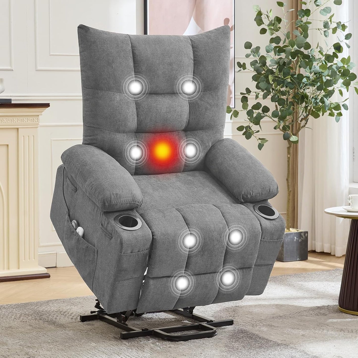 GarveeHome Power Lift Recliner Chair for Elderly with Massage and Heat, Oversized Electric Massage & Heat Recliner with Soft Padded Upholstery, Side Pocket & Cup Holders for Living Room, Gray