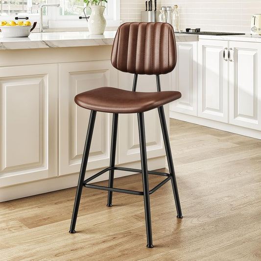24-Inch Leather Bar Stools, Counter Height Barstools with High Backrest，Bar Chairs for Kitchen Island with Heavy Duty Metal Legs, Dark Brown