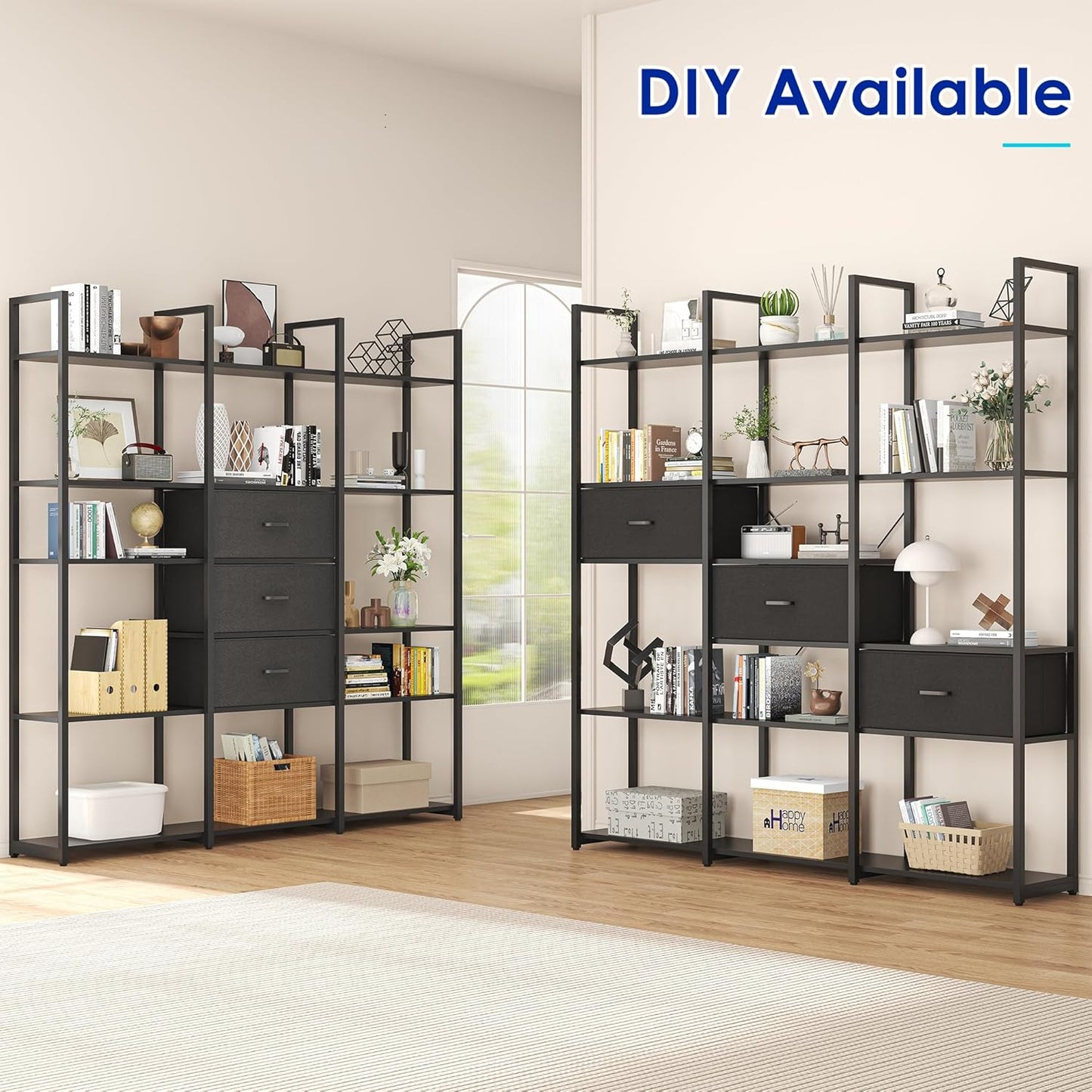 73.6" Tall Bookshelf with 3 Drawers and 16 Storage Shelves, Industrial Bookcase with 16 Open Display Shelves, Large Etagere Bookshelf, Triple Wide Book Shelf Book Case for Home & Office, Black