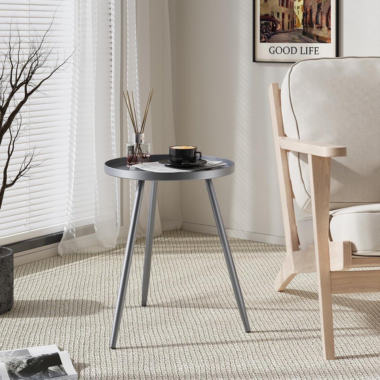 Apicizon 16" Round Side Table Set of 2, Metal End Table for Living Room, Bedroom, Bedside, Mid Century Modern Coffee Table or Circle Accent Table for Small Spaces, Grey