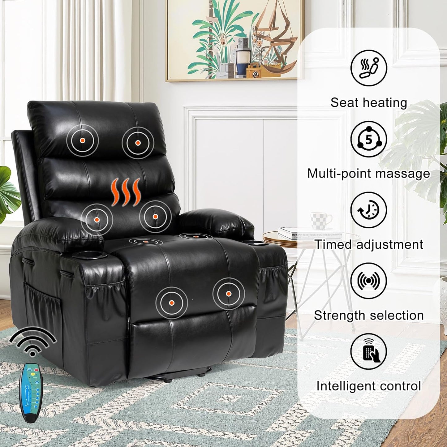 Recliner Chair Power Lift Massage Chair Full Body 21" Large Size Electric Recliner with 8 Point Vibration Massage and Lumber Heat, Remote Control, Side Pockets and Cup Holders, Black