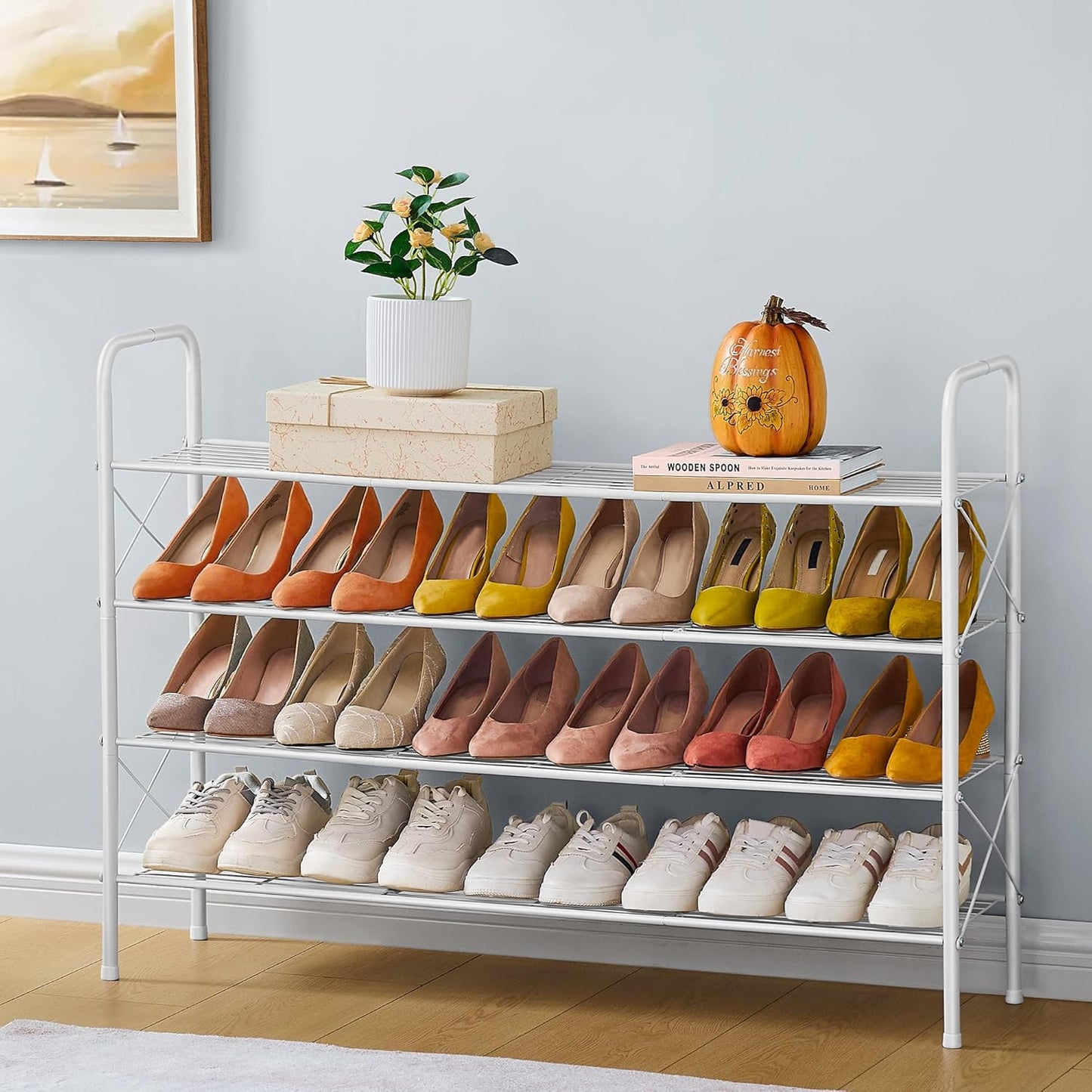 Hoctieon 4 Tier Mesh Style Shoe Rack, Entryway Shoe Shelf, Shoe Storage Organizer, Shoe Rack for Closet, Space Save for Bathroom, Garage, Hallway, Bedroom, Living Room, White