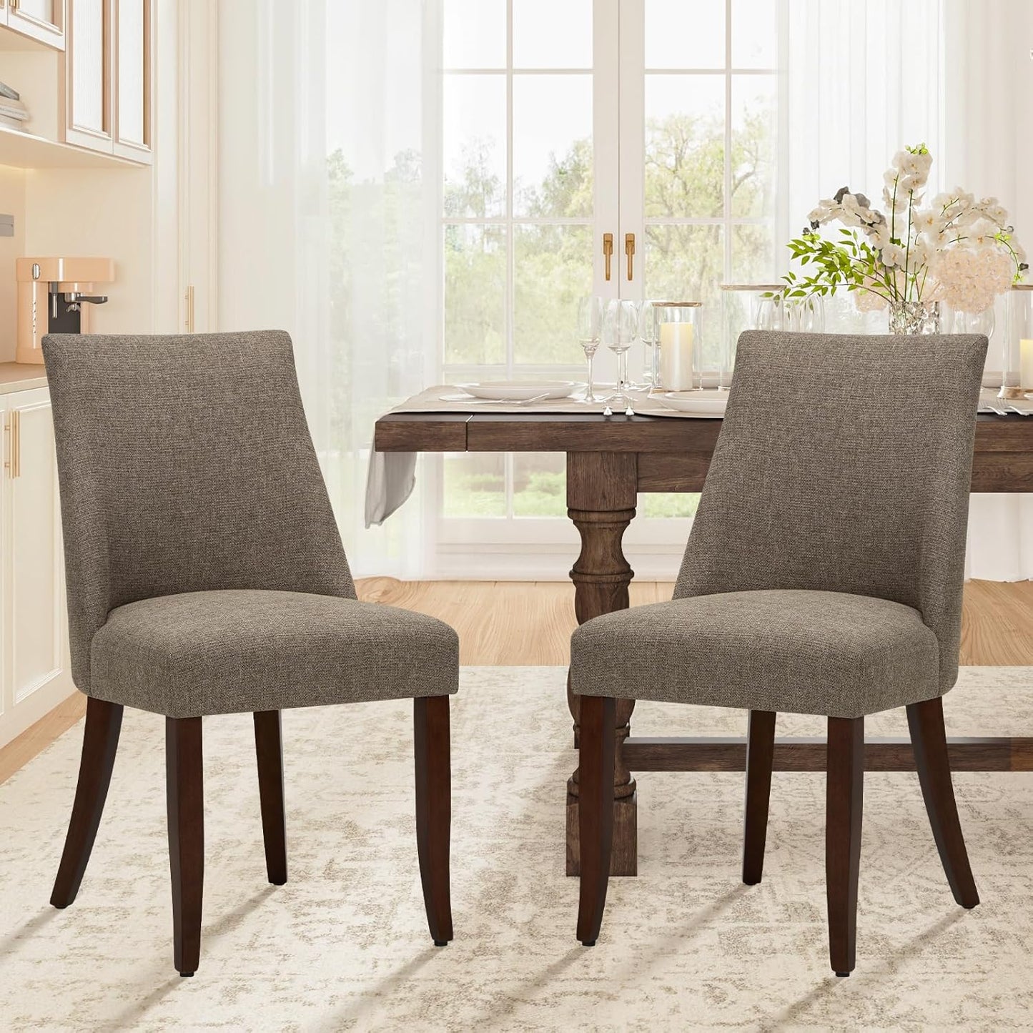 COLAMY Upholstered Dining Chairs Set of 2, Mid Century Modern Kitchen Chairs with Back, Farmhouse Fabric Side Dining Room Chairs with Wood Legs for Dining Room Restaurant, Brown