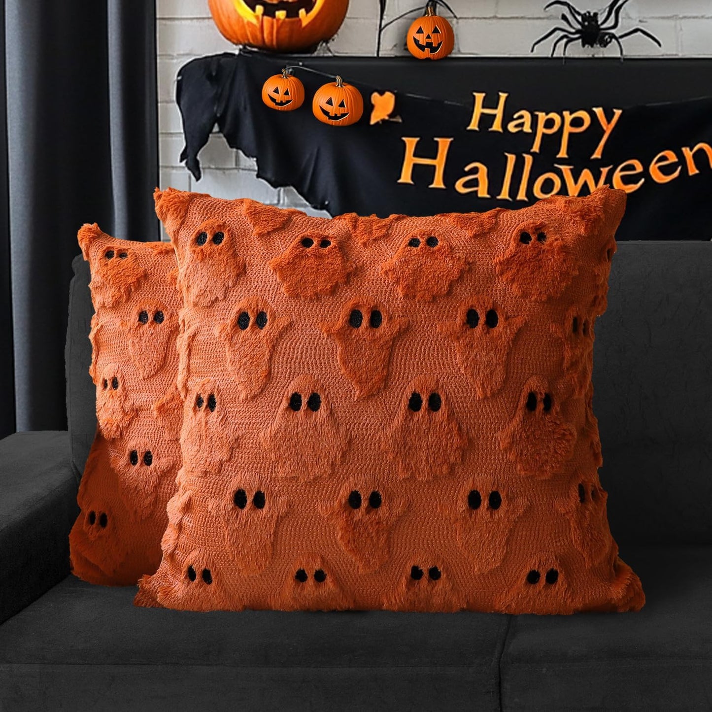 4TH Emotion Halloween Ghost Decorative Pillow Covers 18x18 Set of 2, Rust Red Soft Plush Faux Fur Farmhouse Throw Cushion Cases for Fall Autumn Holiday Home Decorations