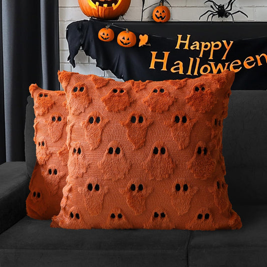 4TH Emotion Halloween Ghost Decorative Pillow Covers 16x16 Set of 2, Rust Red Soft Plush Faux Fur Farmhouse Throw Cushion Cases for Fall Autumn Holiday Home Decorations