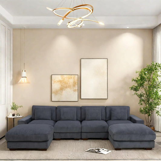 Sectional Couches for Living Room, Stylish Sectional Loveseat Sofa with Double Ottoman & Deep Seats, Living Room Furniture Home Sofa for Adults, Dove Gray