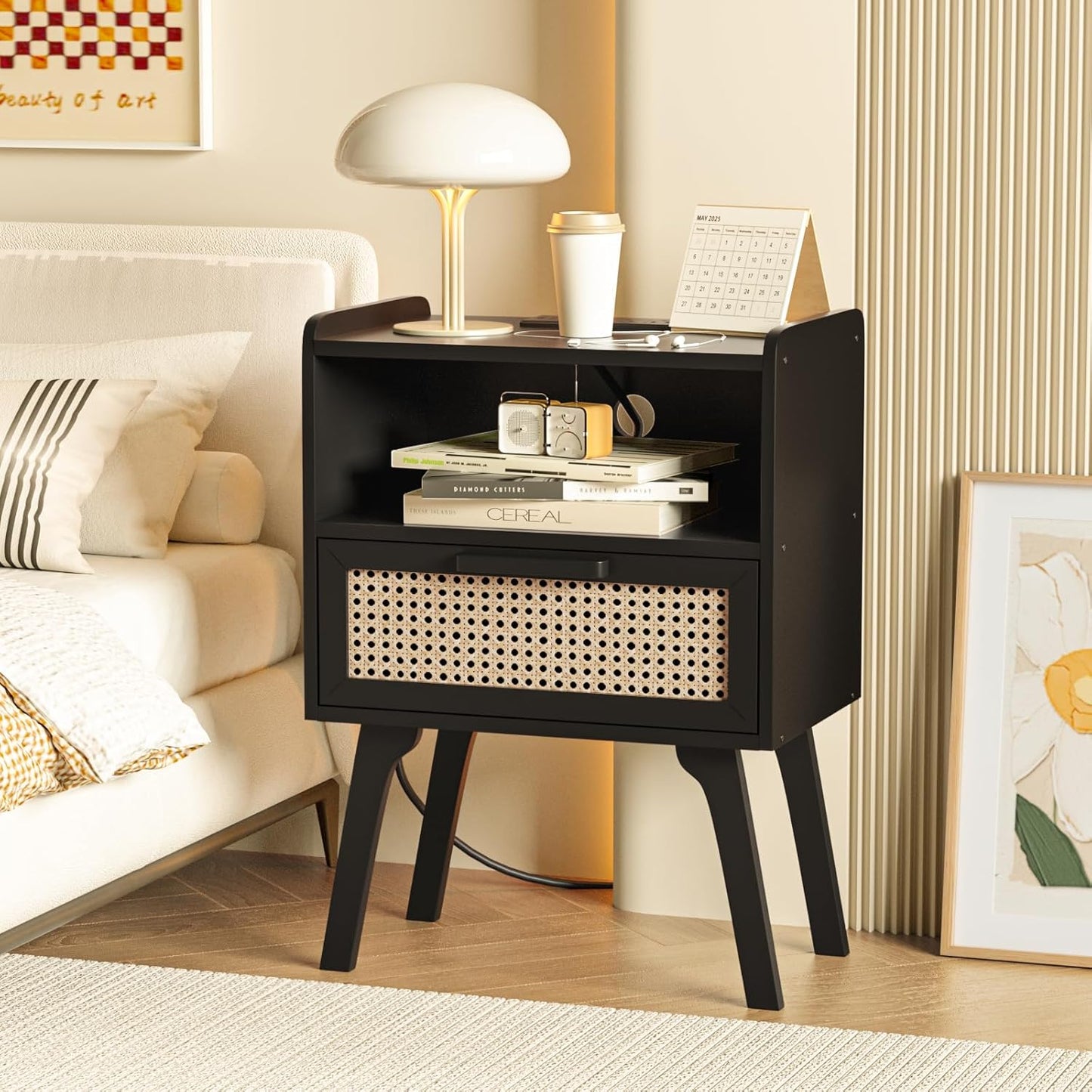 Lerliuo Rattan Nightstands Set of 2 with Charging Station, Black Bedside Table with Drawer Open Shelf, Cane Accent Side End Table with Solid Wood Legs, Night Stand for Bedroom, Dorm and Small Spaces