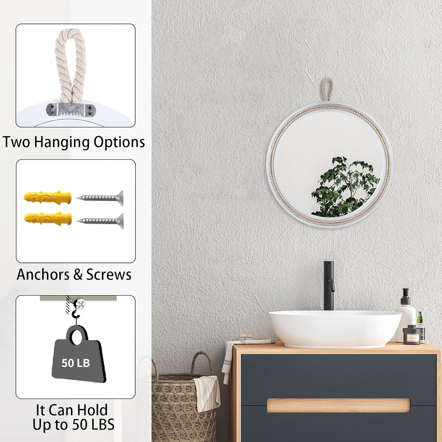 Small Decorative Mirror 11.4'' Round Hanging Mirror for Wall Nautical Rope Mirror for Bathroom Office Living Room All Occasions, White Round Rope,Mirror,Nautical Theme