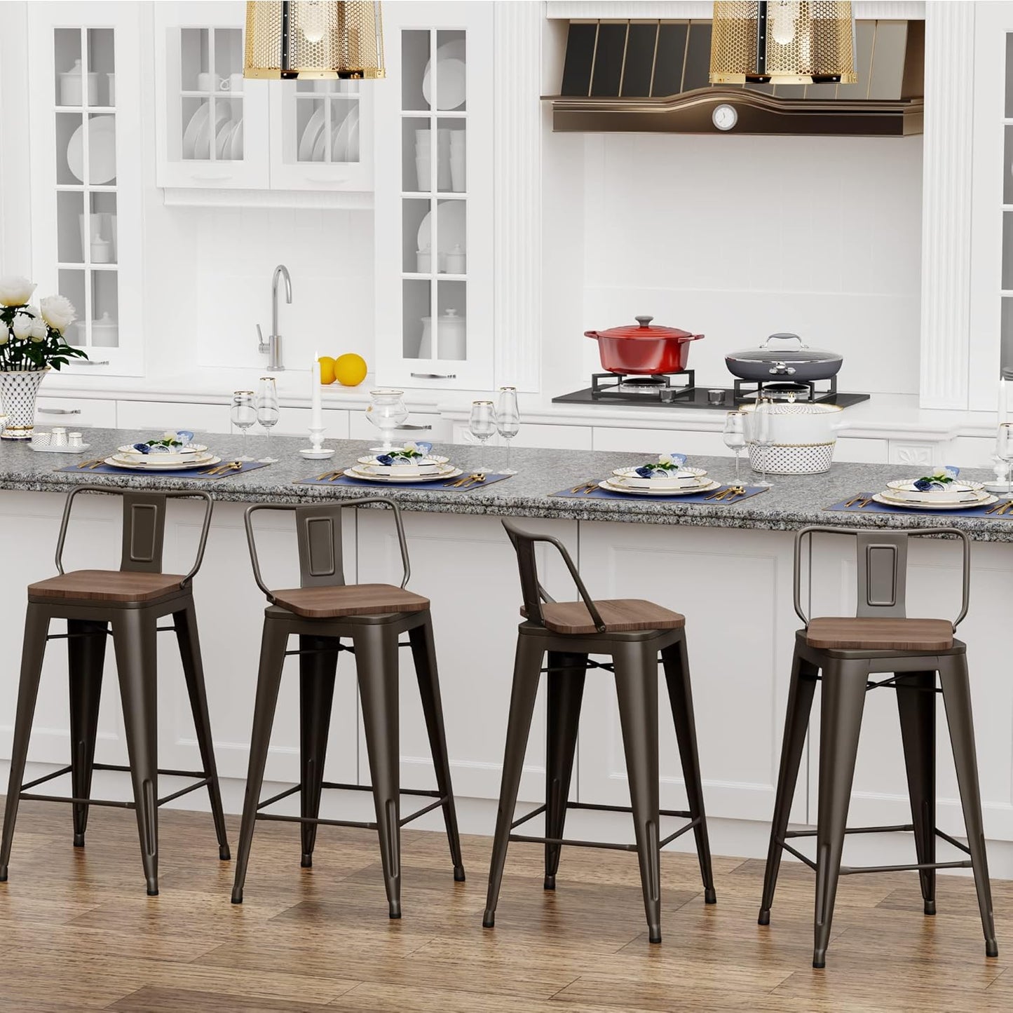 30 Inch Swivel Bar Stools Set of 4 with Backs Counter Height Industrial Metal Barstools Island Bar Chairs for Home Kitchen Dining Room (Swivel 30 inch,Rusty Wooden)