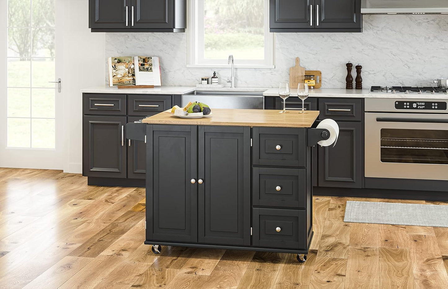 Homestyles Dolly Madison Black Mobile Kitchen Island Cart with Wood Drop Leaf Breakfast Bar