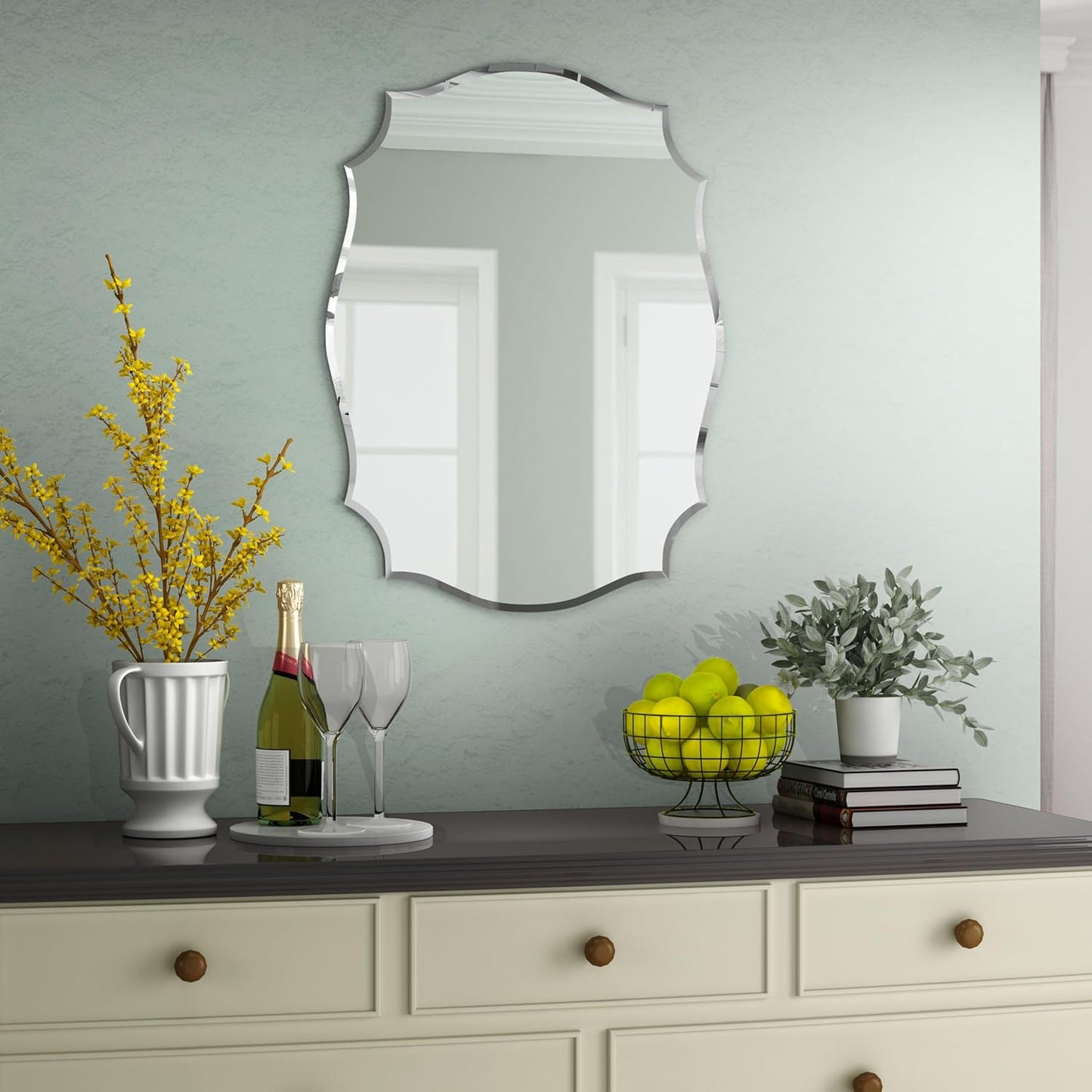 KOHROS Scalloped Beveled Edge Bathroom Mirrors for Over Sink 18" x 24" Silver Frameless Wall Mirror for Bathroom Vanity Entryway