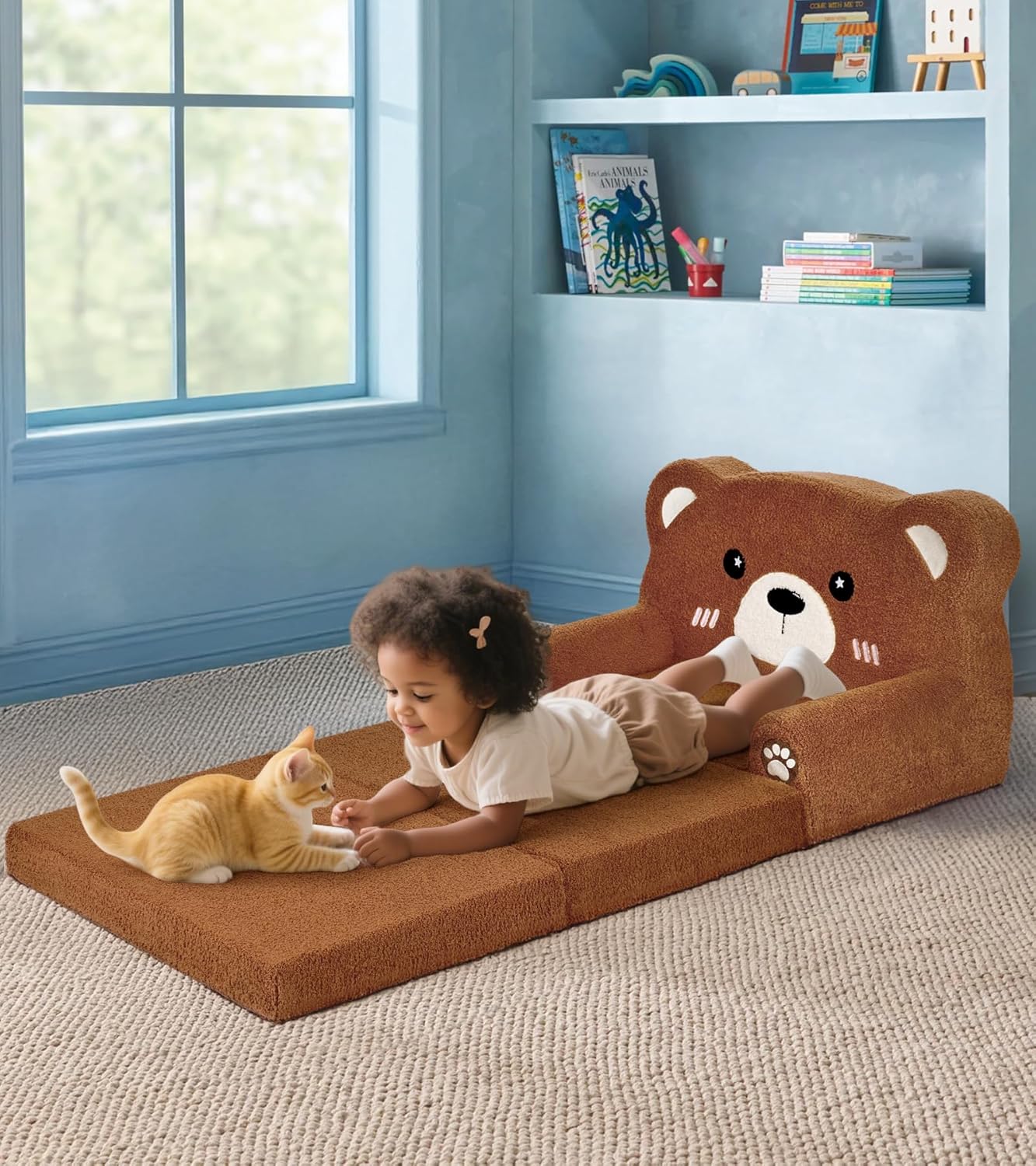 Kids Couch, 2-in-1 Soft Toddler Couch Fold Out with Blanket, Chair Comfy, Foldable Convertible Plush Sofa to Lounger, Gifts for Kids Girl Boys, Teddy Bear