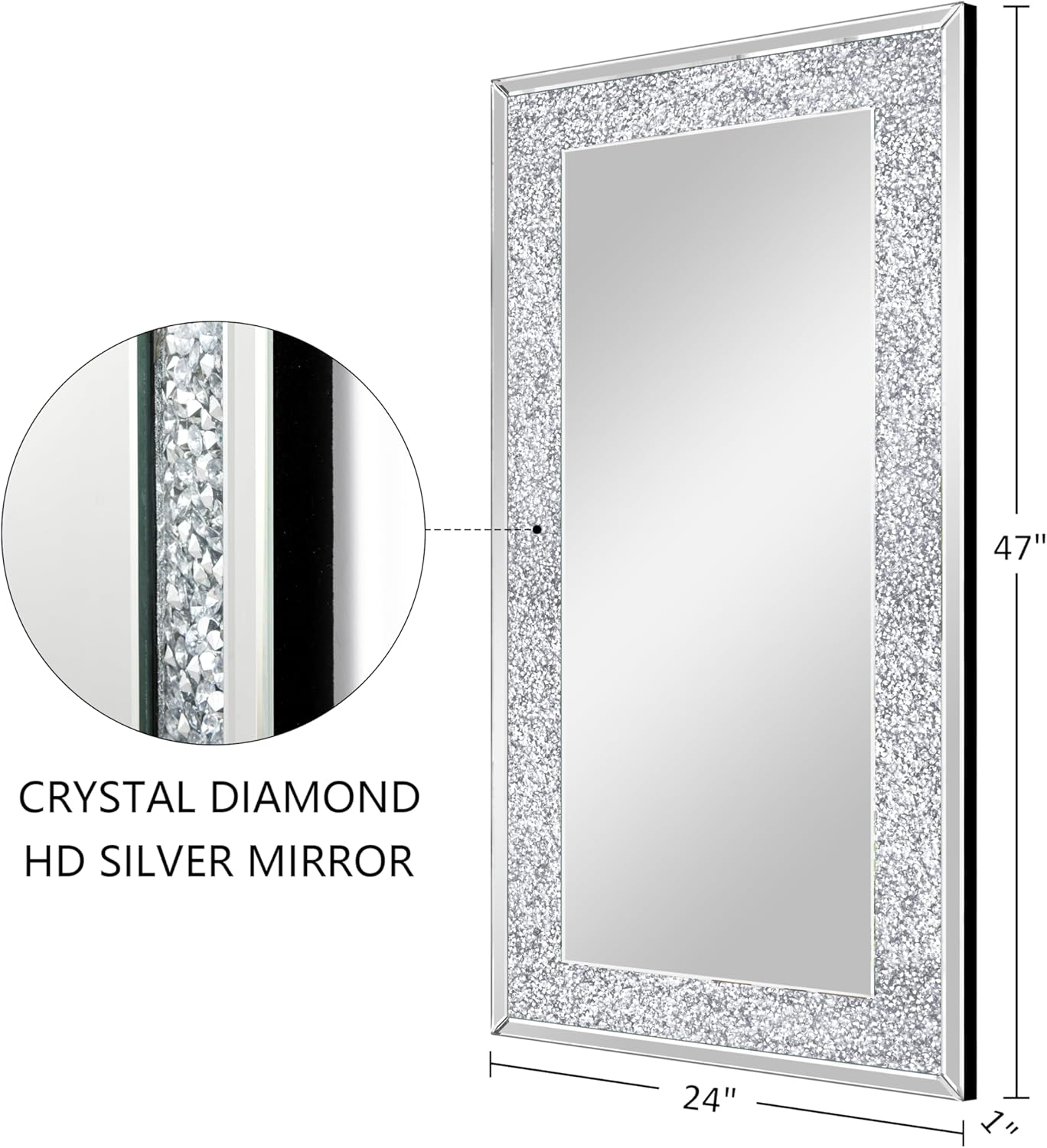 Crystal Crush Diamond Wall Mirror-47 x24 Silver Mirror, Gorgeous Rectangle Mirrors for Wall Bathroom, Bedroom, Dining Room and Living Room