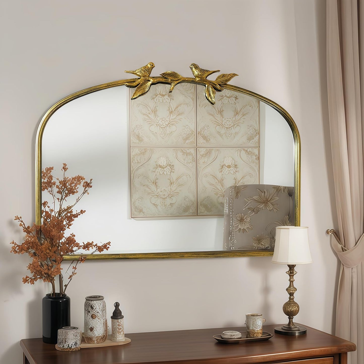 Gold Vintage Mirror - 36x24 Inch, Arched Antique Mirror with Ornate Frame for Bathroom, Living Room, Fireplace, Entryway