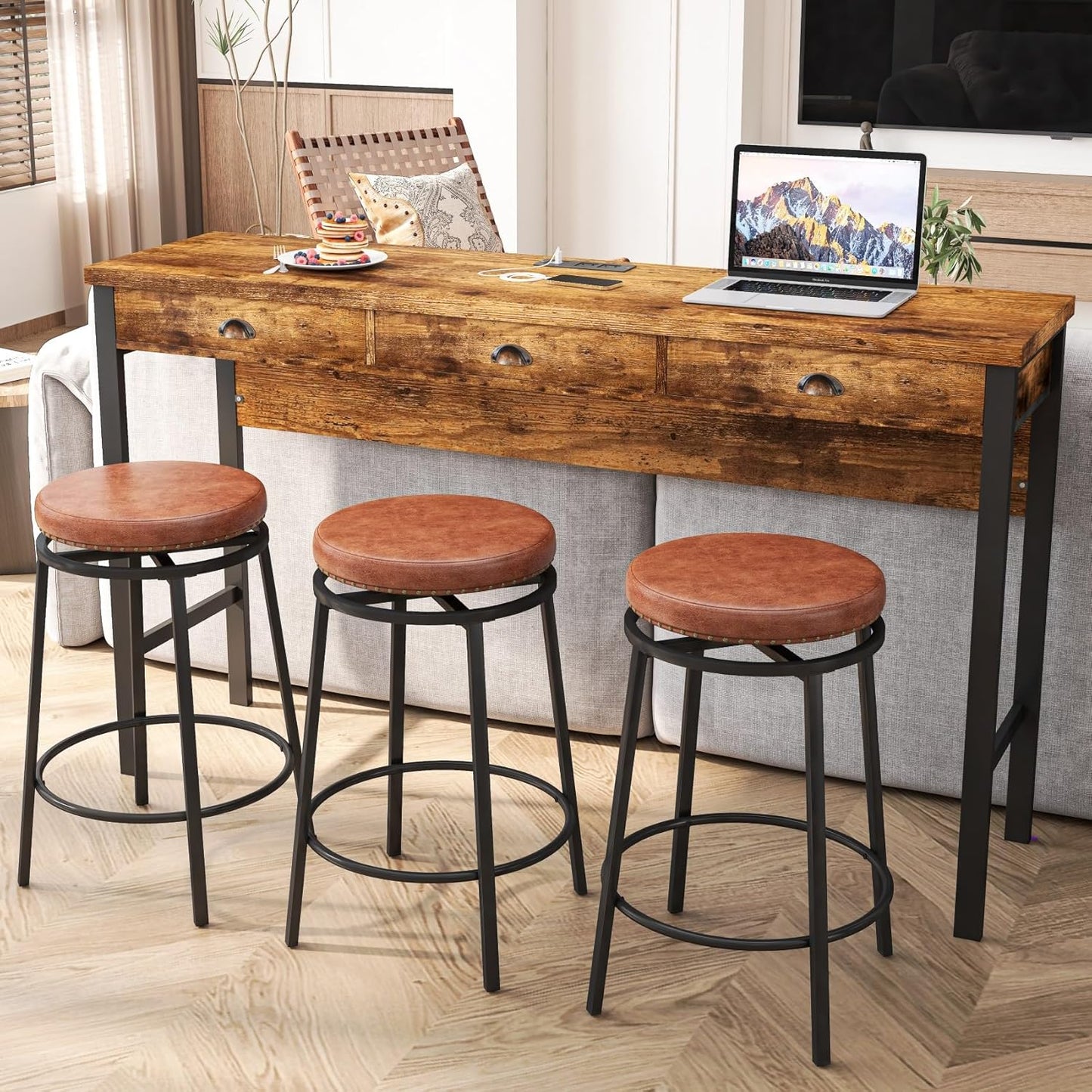 KEIKI 60.24” Long Bar High Top Dining Table and 3 Stools Chairs Set with Drawer & Power Outlet, Wood Behind Couch Sofa Counter Height Pub Furniture for Breakfast, Kitchen Living Party Room, Brown