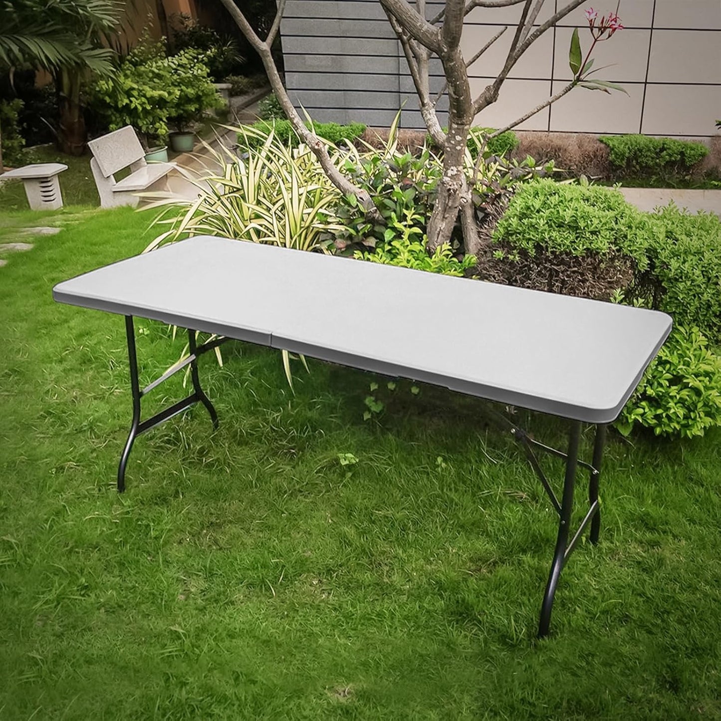 Athena Collection 8 ft Square Folding Dining Table, Large Plastic Foldable Table Portable with Carry Handle, Heavy Duty Fold-in-Half Utility for Indoor Outdoor Party Camping Picnic, Grey