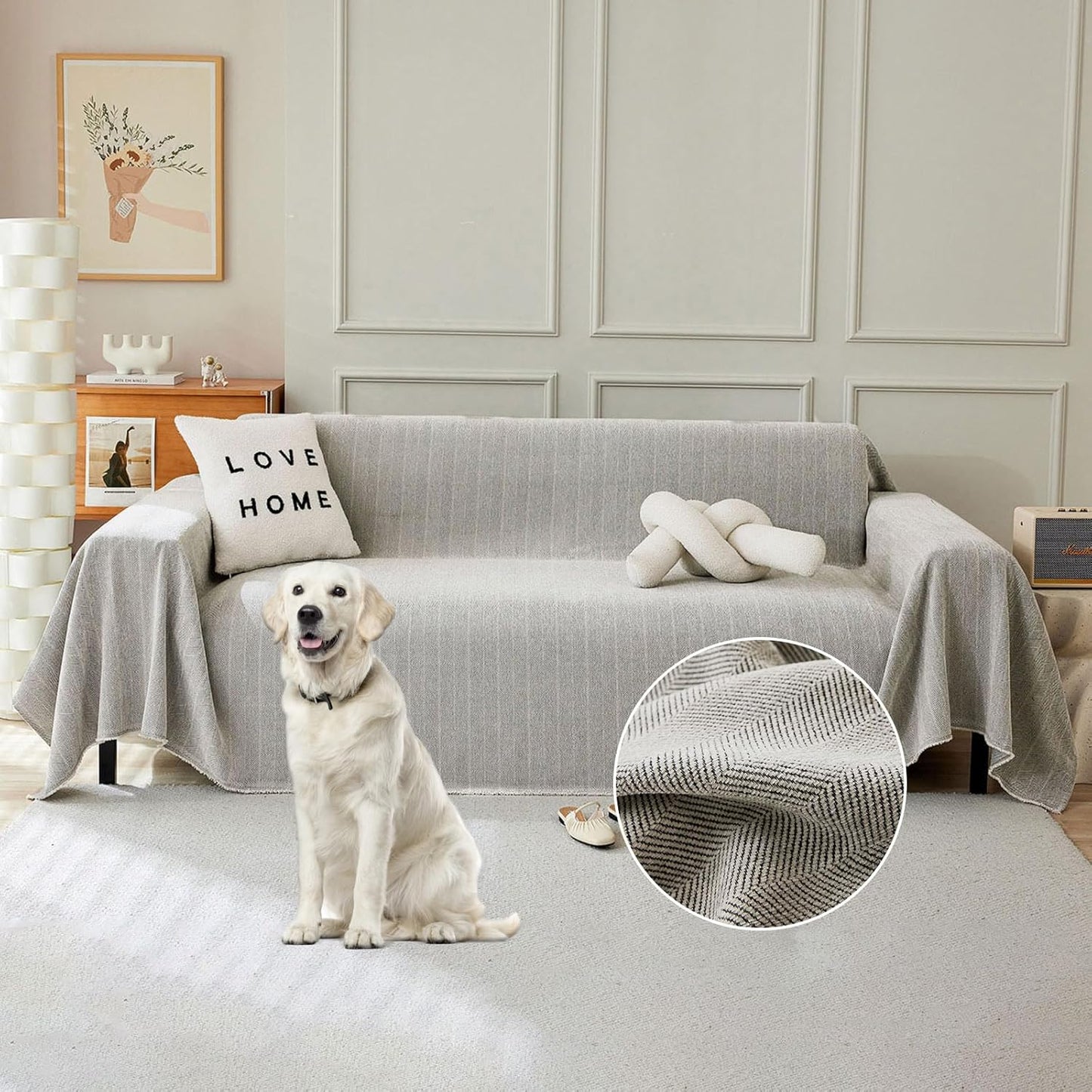 STACYPIK Silver Gray Chenille Sofa Cover for Dogs, Jacquard Multi-Use Couch Covers, Pet Protector for 2 Cushion Couch with Tassel, Washable Loveseat Cover for Sectional, L Shaped Couch Cover-71X118IN