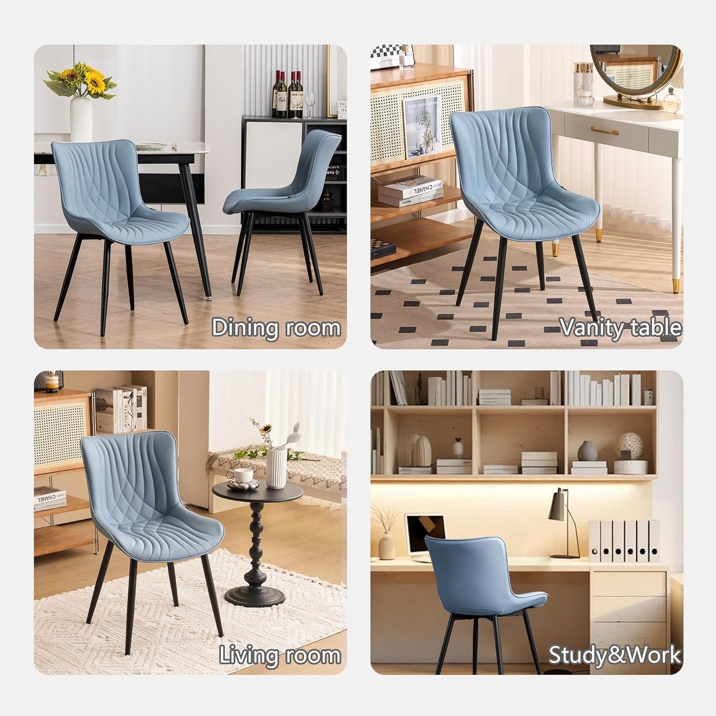 Kidol&Shellder Blue Dining Chairs Set of 2,Faux Leather Upholstered Mid Century Modern Kitchen&Dining Room Chair with Back,Ergonomic Armless Vanity&Living Room Chair with Metal Legs