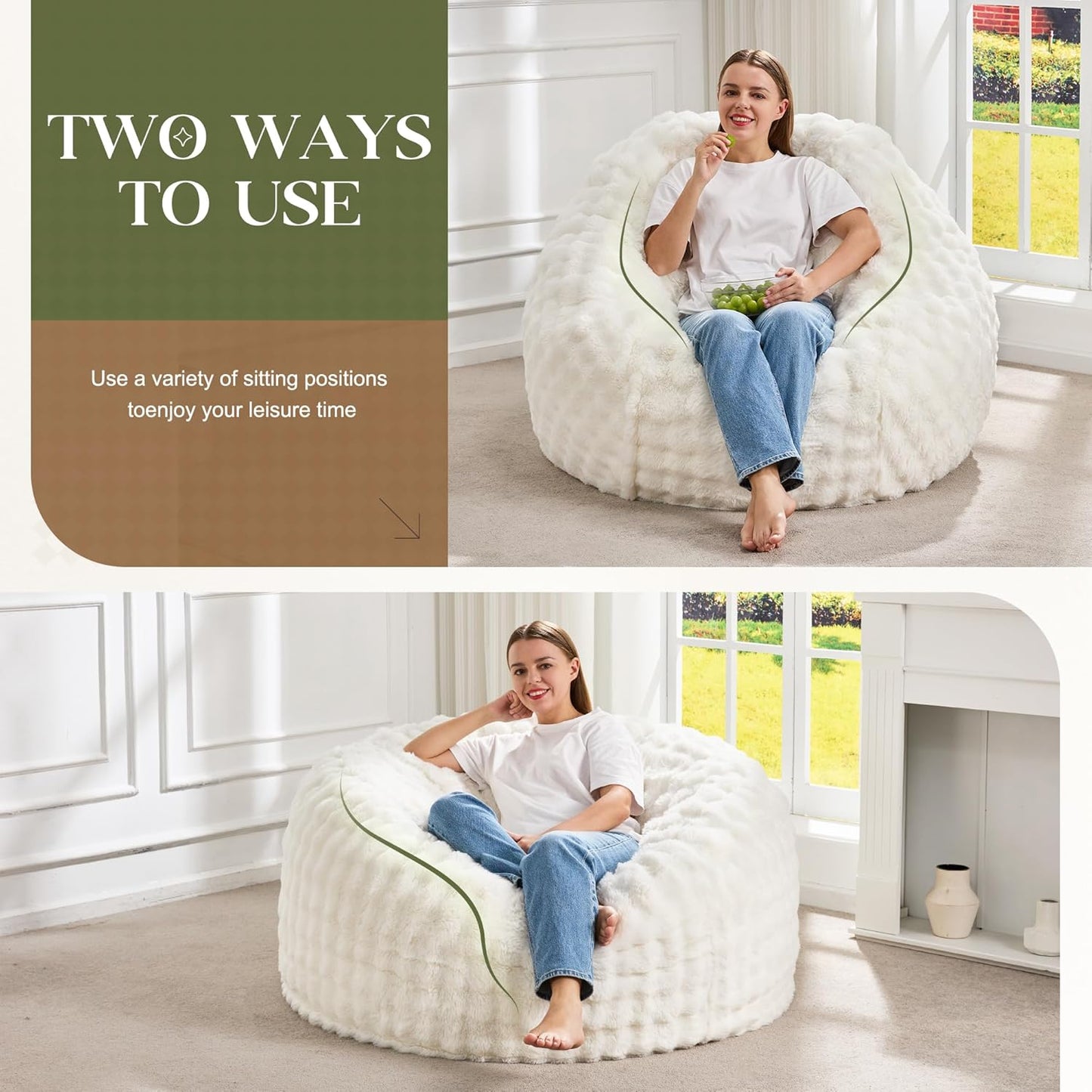 Hobestluk Bean Bag Chairs Beanbag Chair with Filler Adult Bean Bags with Fluffy & Machine Washable Cover, Giant Bean Bag Chairs for Adults (White, 3FT-36" x 36" x 22")