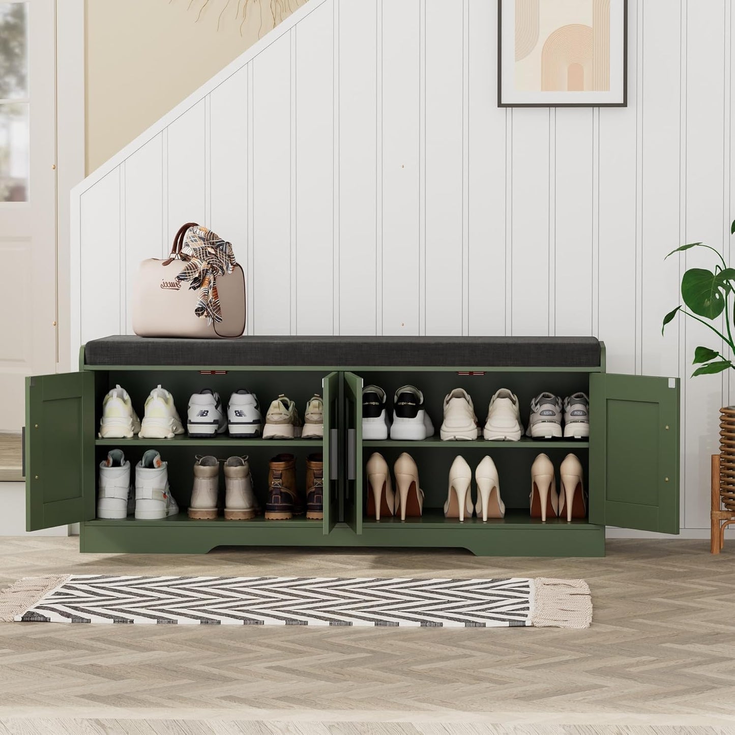 2-Tier Storage Bench, Shoe Bench with Thickened Padded Seat Cushion, Entryway Bench with 4 Doors, Adjustable Shelf, 13.8" D x 45.3" W x 18.5" H, for Entryway, Living Room, Bedroom, Green