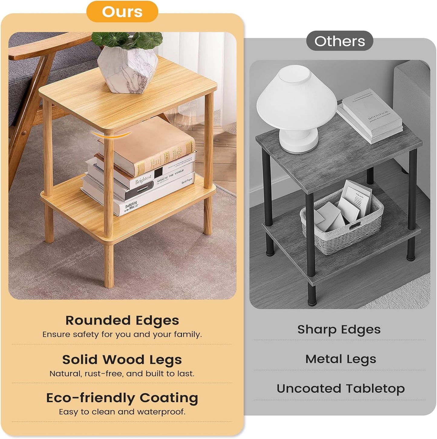 Apicizon 2 Tier End Table Set of 2, Small Side Table with Solid Wood Legs, Boho Bedside Table with Storage Shelf, Nightstand for Small Spaces, Bedroom, Living Room, Entryway, Easy Assembly, Natural