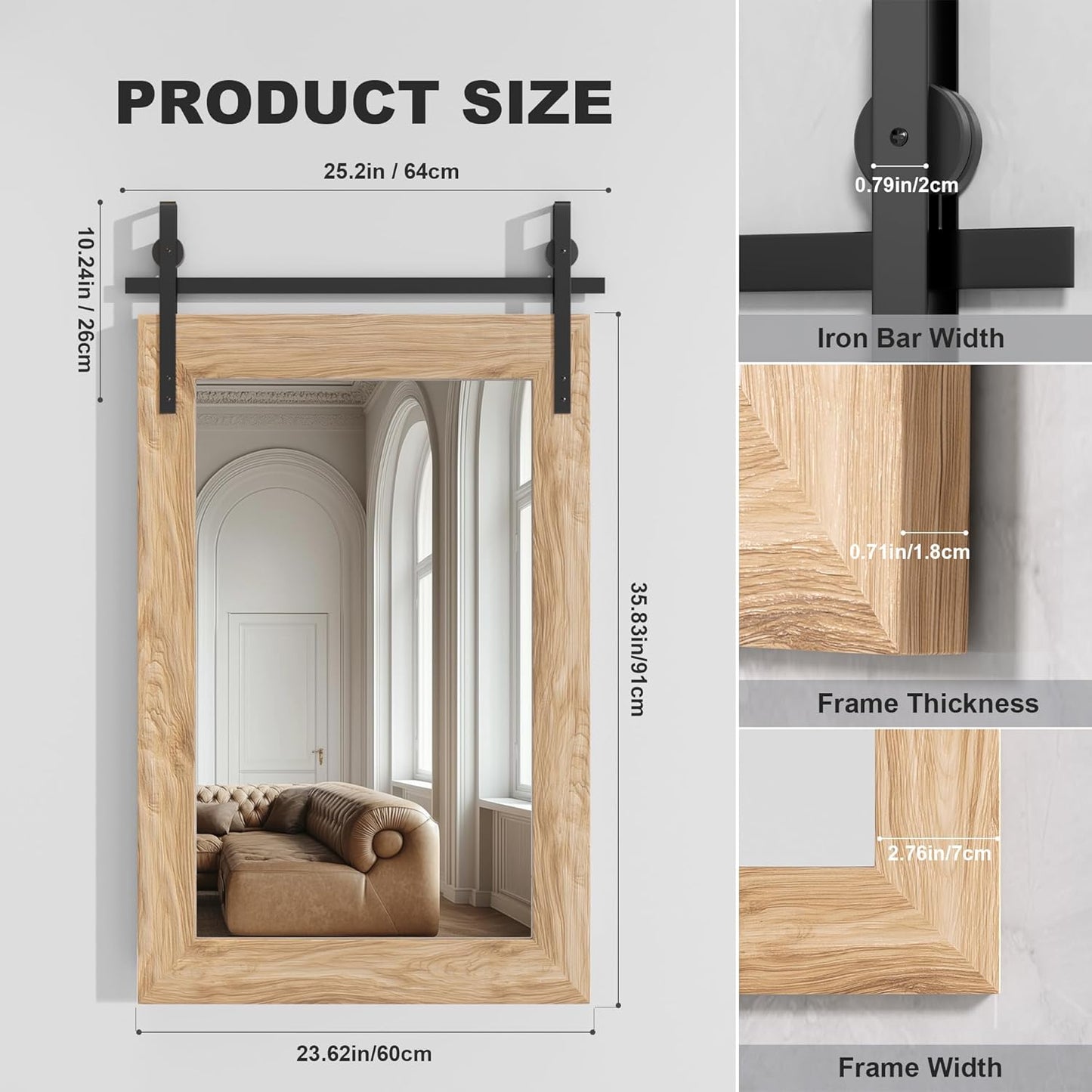 Hasipu Farmhouse Bathroom Mirror, 24"x36" Rustic Wood Framed Wall Mounted Mirror, Brown Vintage Vanity Mirror Barn Door Style Decrative Mirrors