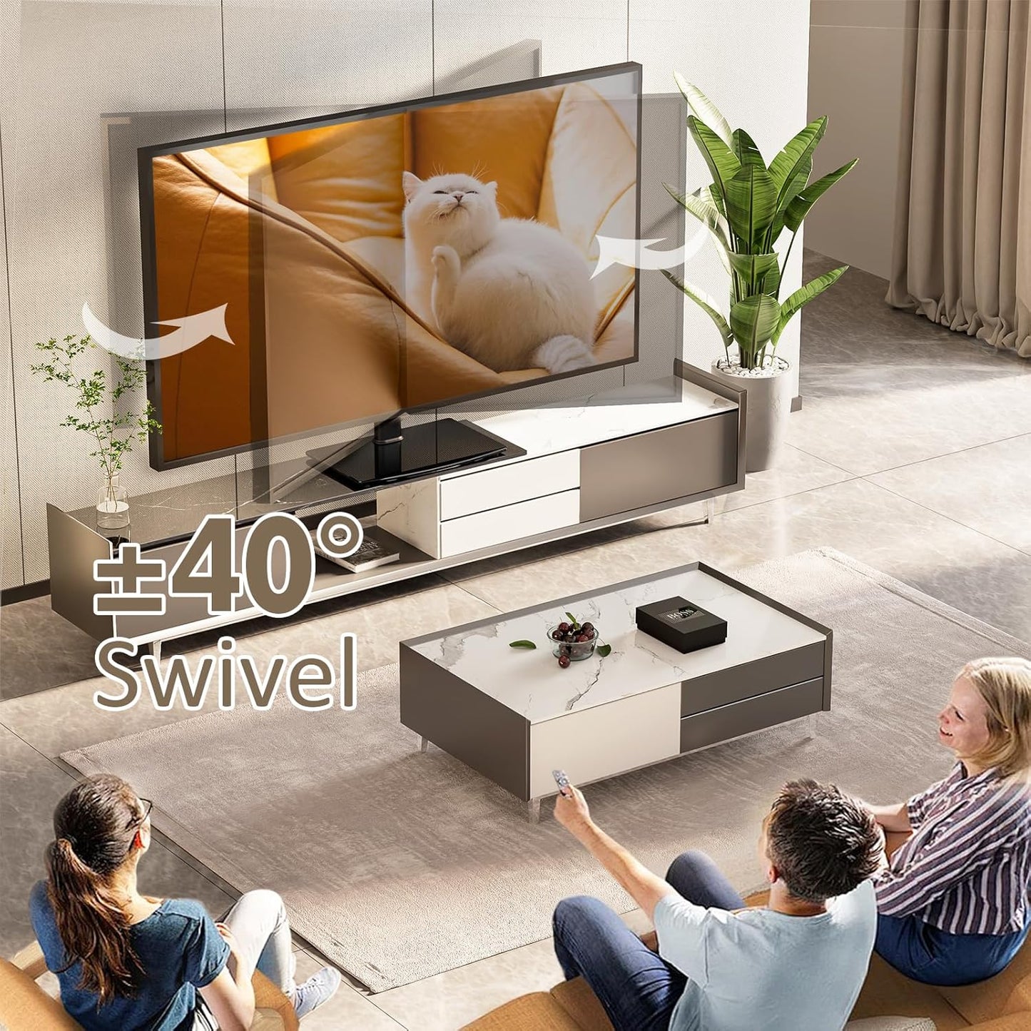 Universal Swivel TV Stand/Base Table Top TV Stand 32 to 65 inch TVs 80 Degree Swivel, 4 Level Height Adjustable, Heavy Duty Tempered Glass Base, Holds up to 88lbs Screens, HT04B-002