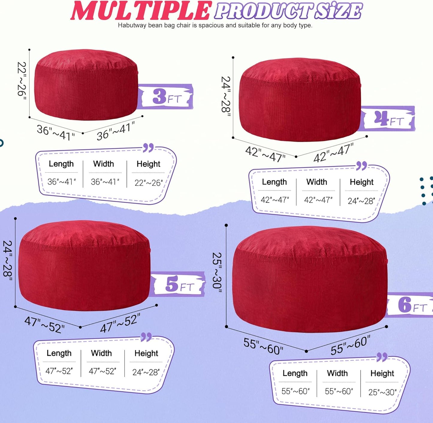 HABUTWAY 5FT Bean Bag Chair,Giant Bean Bag Chairs for Adults,Big Bean Bags with Memory Foam Filled, Large Beanbag Chairs with Soft Corduroy Cover-RED