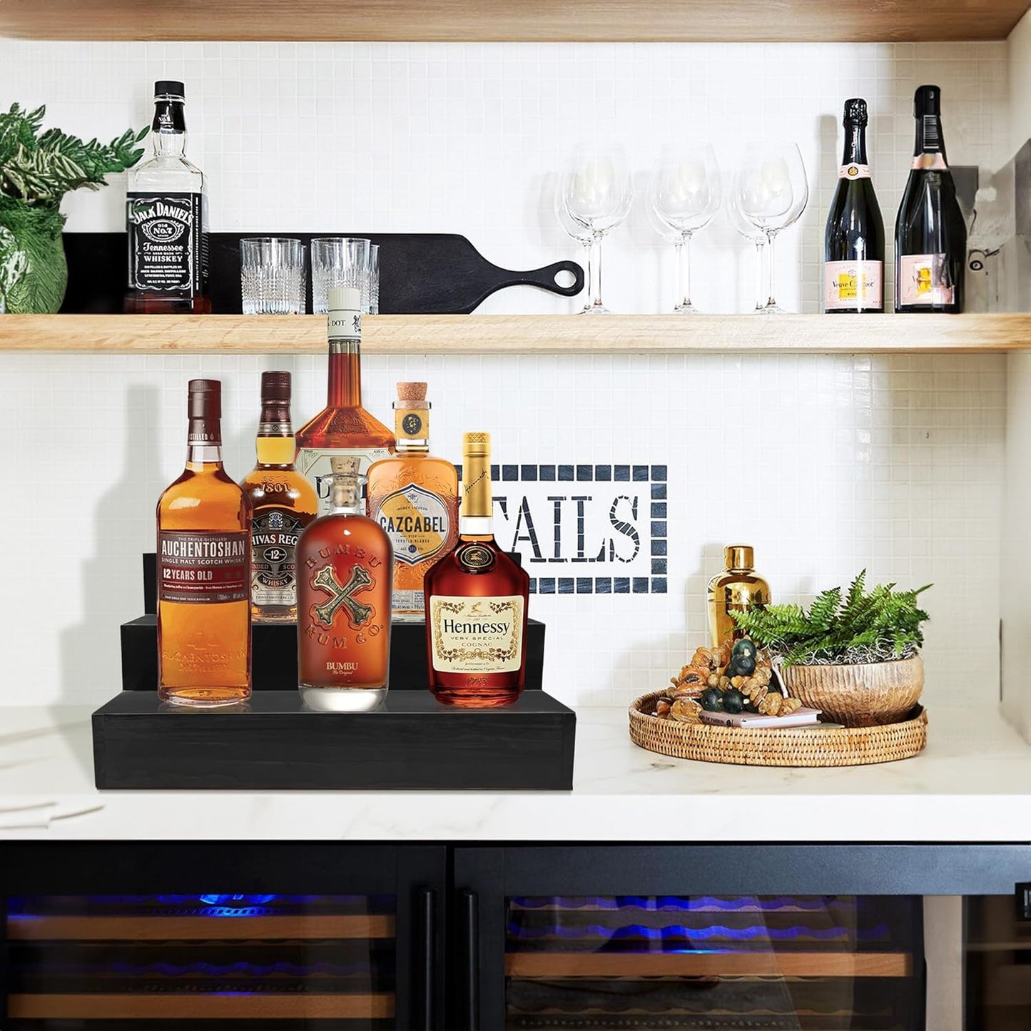 Royxen Wood Liquor Bottle Shelf 3 Tier Bar Shelf Freestanding Vintage Liquor Bar Stand for Home Bar Decor, 16" Black