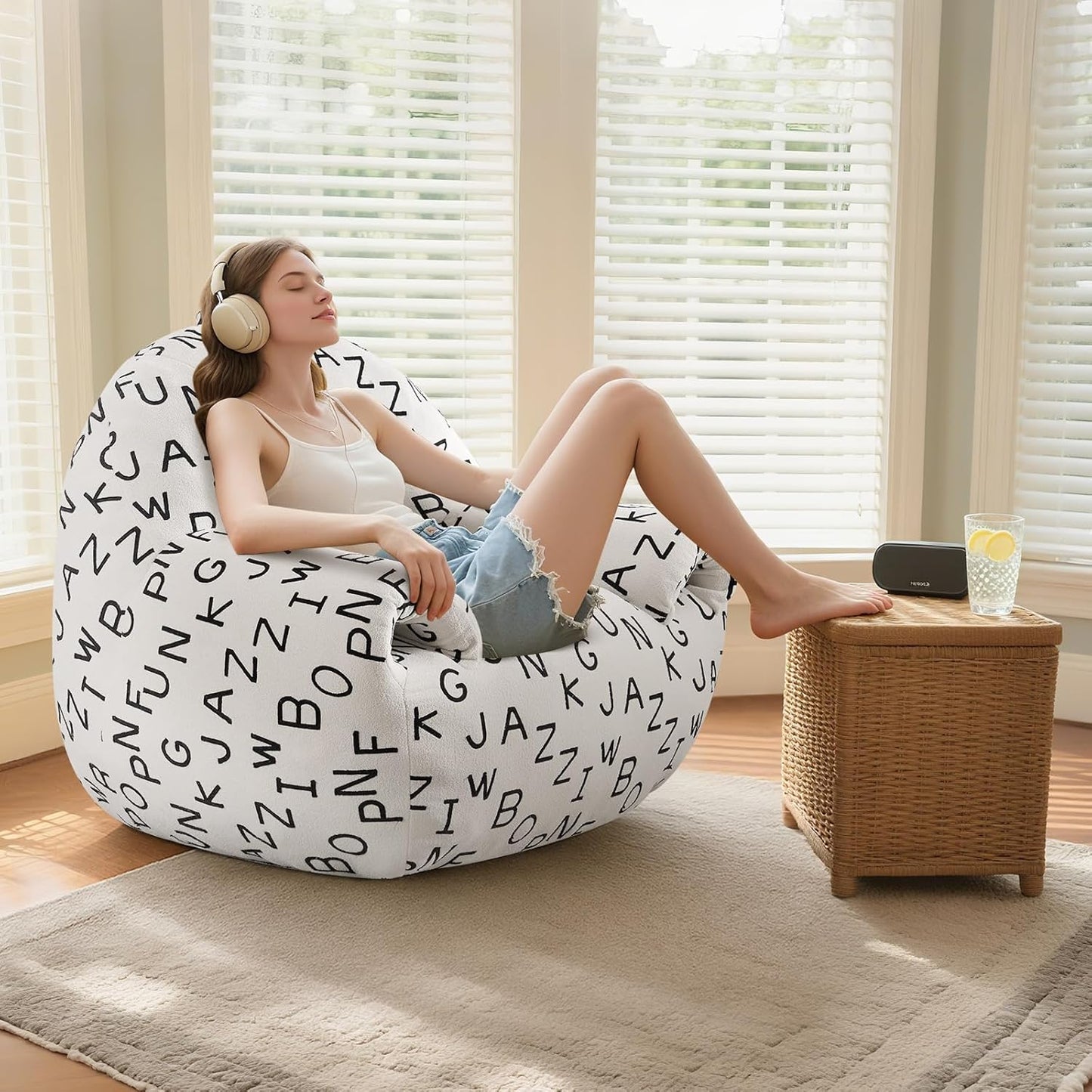 DAICO Bean Bag Chairs for Adults Comfy Bean Bag Sofa Chair with Armrests Single Lazy Floor Sofas Accent Chair with Foam for Living Room Bedroom Reading Gaming Office (Letter White)