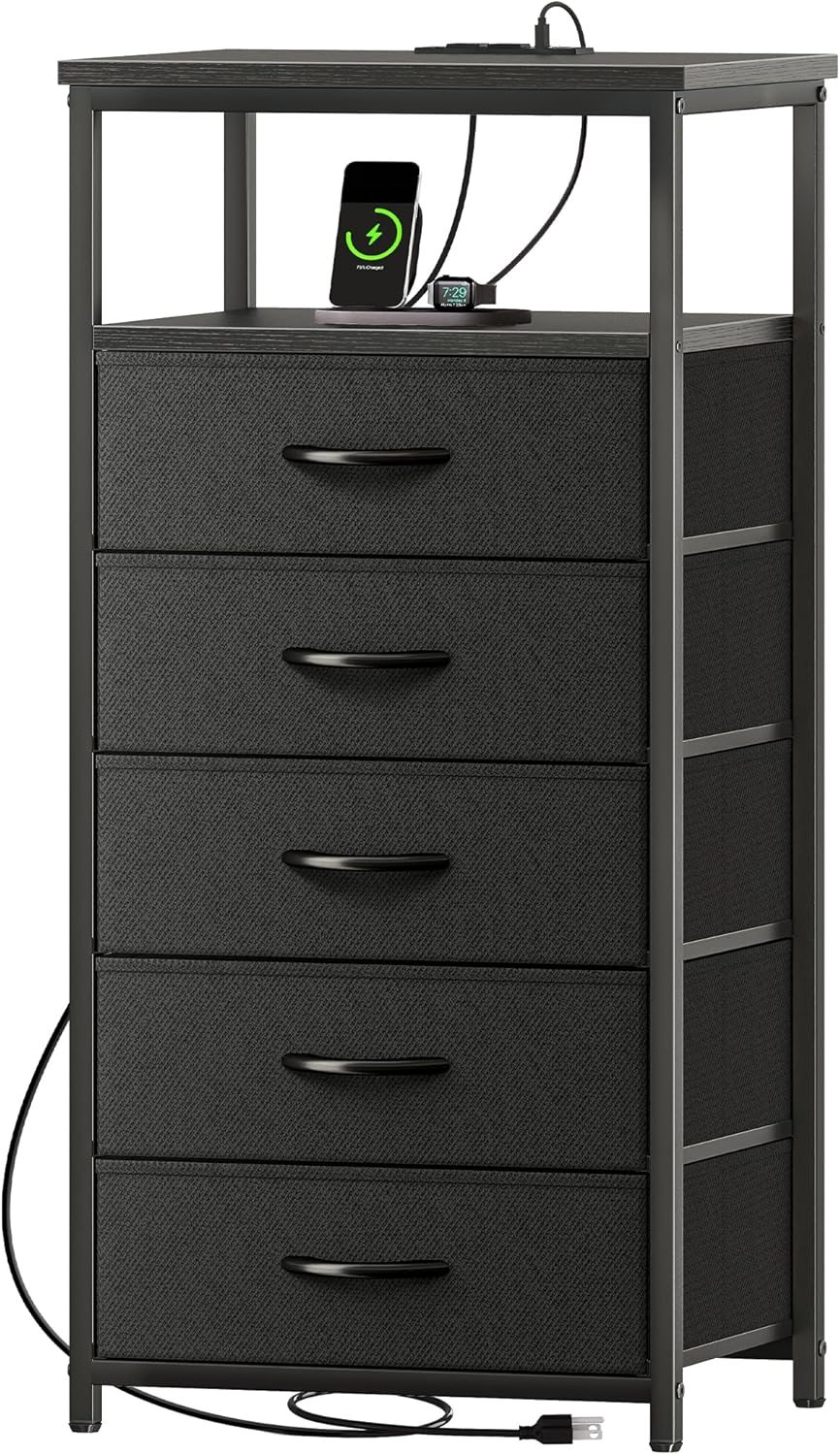 Huuger 5 Drawers Dresser with Charging Station, Dresser for Bedroom, Tall Night Stand, Chest of Drawers with Open Shelf, Bedside Table Nightstand, Fabric Storage Drawers, for Entryway, Black