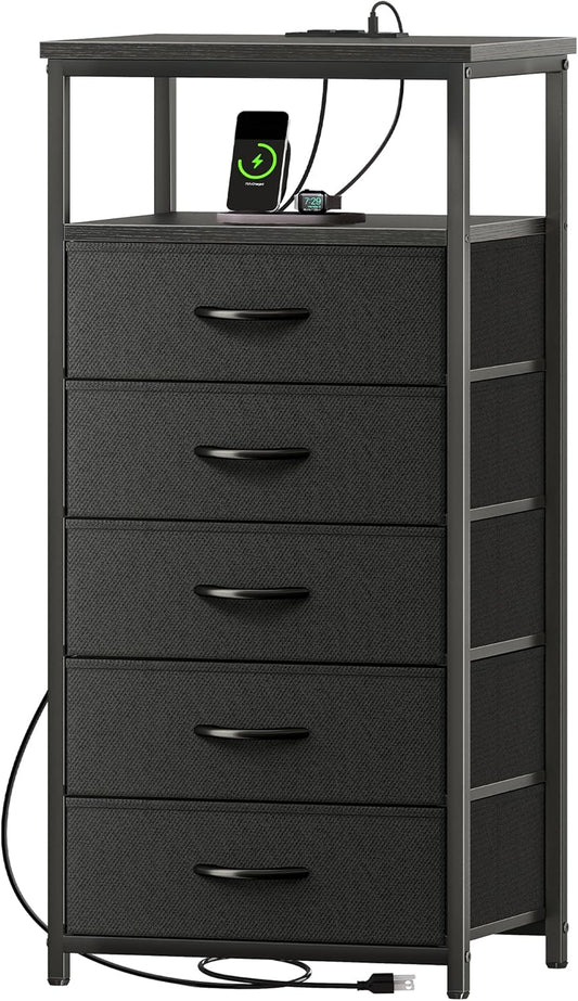 Huuger 5 Drawers Dresser with Charging Station, Dresser for Bedroom, Tall Night Stand, Chest of Drawers with Open Shelf, Bedside Table Nightstand, Fabric Storage Drawers, for Entryway, Black